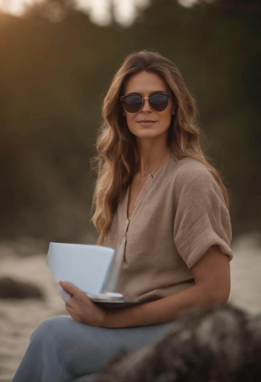 Woman psychologist on the beach in glasses with laptop in hands and ears
