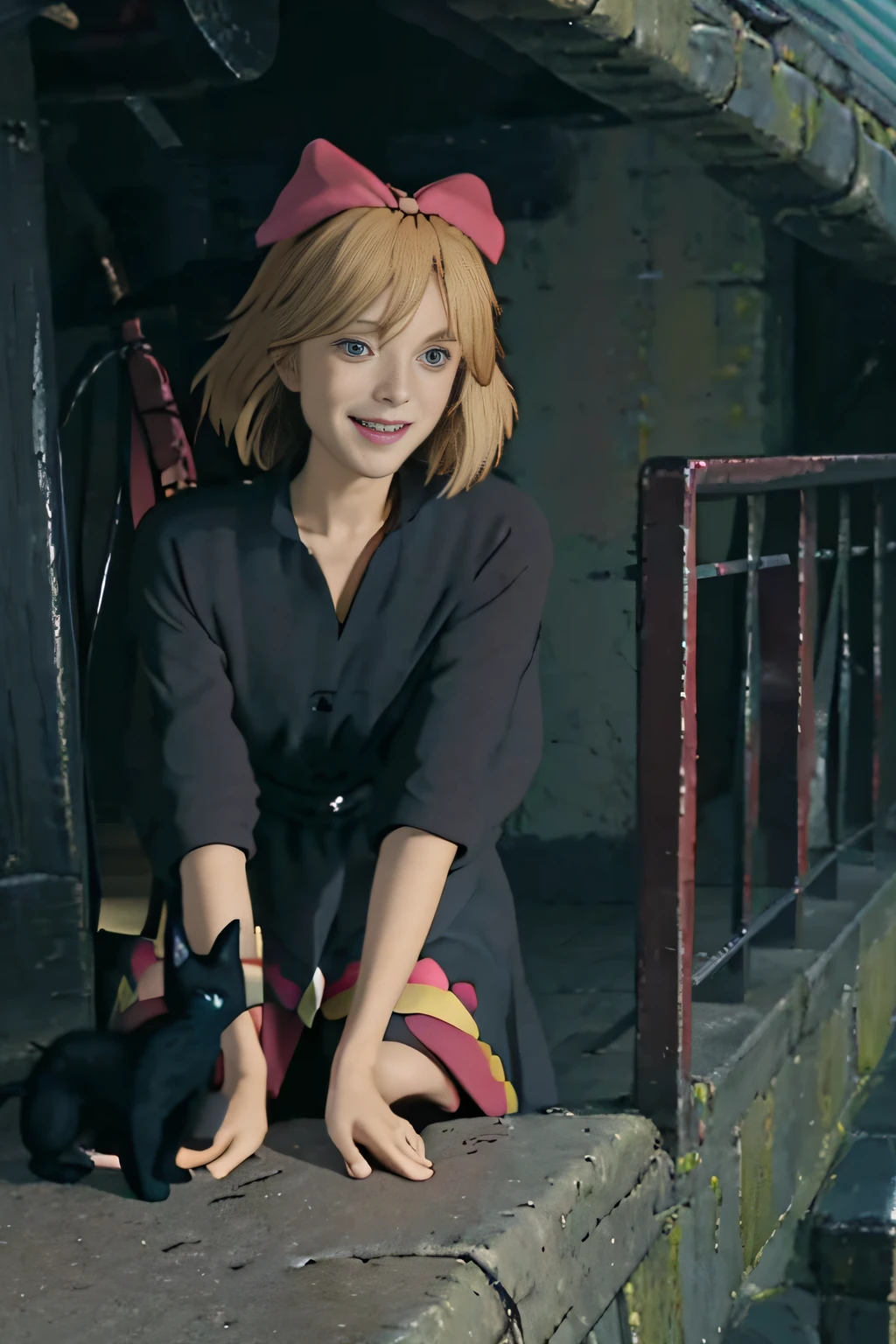 (masterpiece、top-quality;1.3)、ultra-detailliert、1girl in、(male people)、Synthesis of Howl and Kiki、独奏、Howl's Moving Castle、barking、Fine Grandia、looking at the viewers、Red ribbons、a black skirt、((((a blond))))、A smile、Kiki as an adult、Black coat、Redhead bow、blue-sky、Black cat、Gigi、Colossal tits