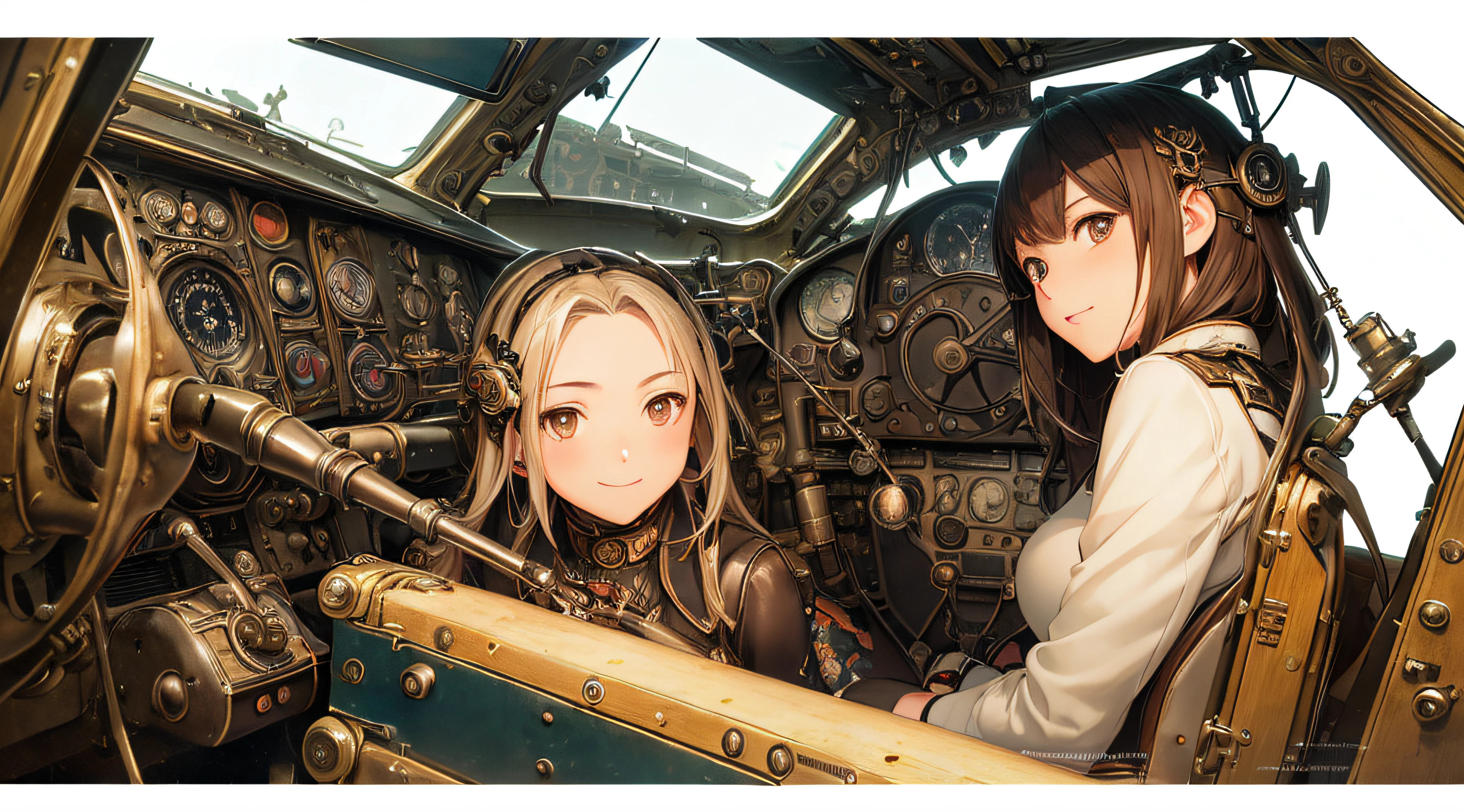 steampunk, two women, sitting in cockpit of world war 2 era fighter airplane, (((Masterpiece))), ((((Best quality)))), (((Ultra-detailed))), (CG illustration), ((Extremely delicate and beautiful)),(Cute and delicate face),Cinematic light,smiling, (Character focus), rainbow highlights, (geometric:1.2), decorative head decorations, range murata, last exile anime style,