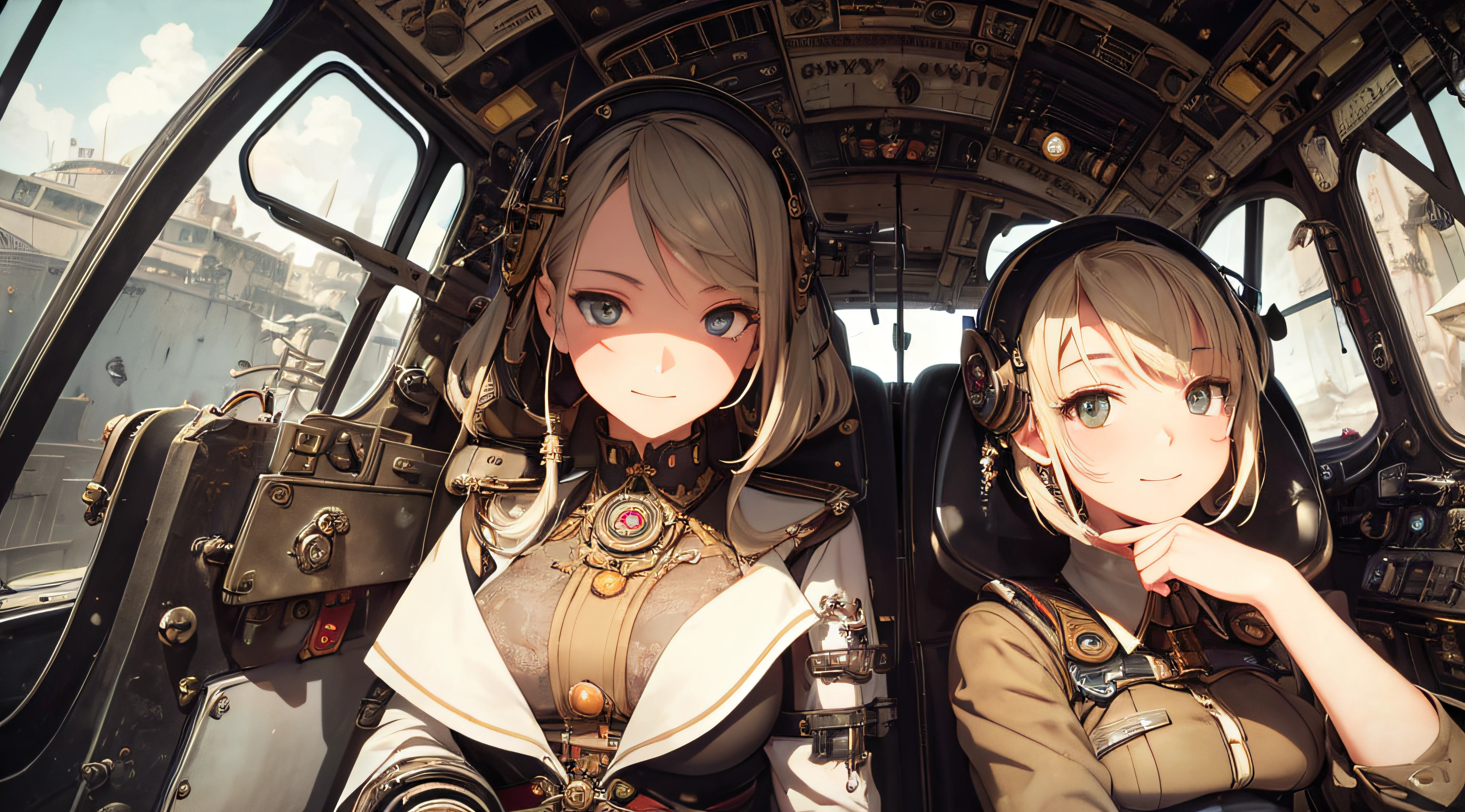 steampunk, two women, sitting in cockpit of world war 2 era fighter airplane, (((Masterpiece))), ((((Best quality)))), (((Ultra-detailed))), (CG illustration), ((Extremely delicate and beautiful)),(Cute and delicate face),Cinematic light,smiling, (Character focus), rainbow highlights, (geometric:1.2), decorative head decorations, range murata, last exile anime style,