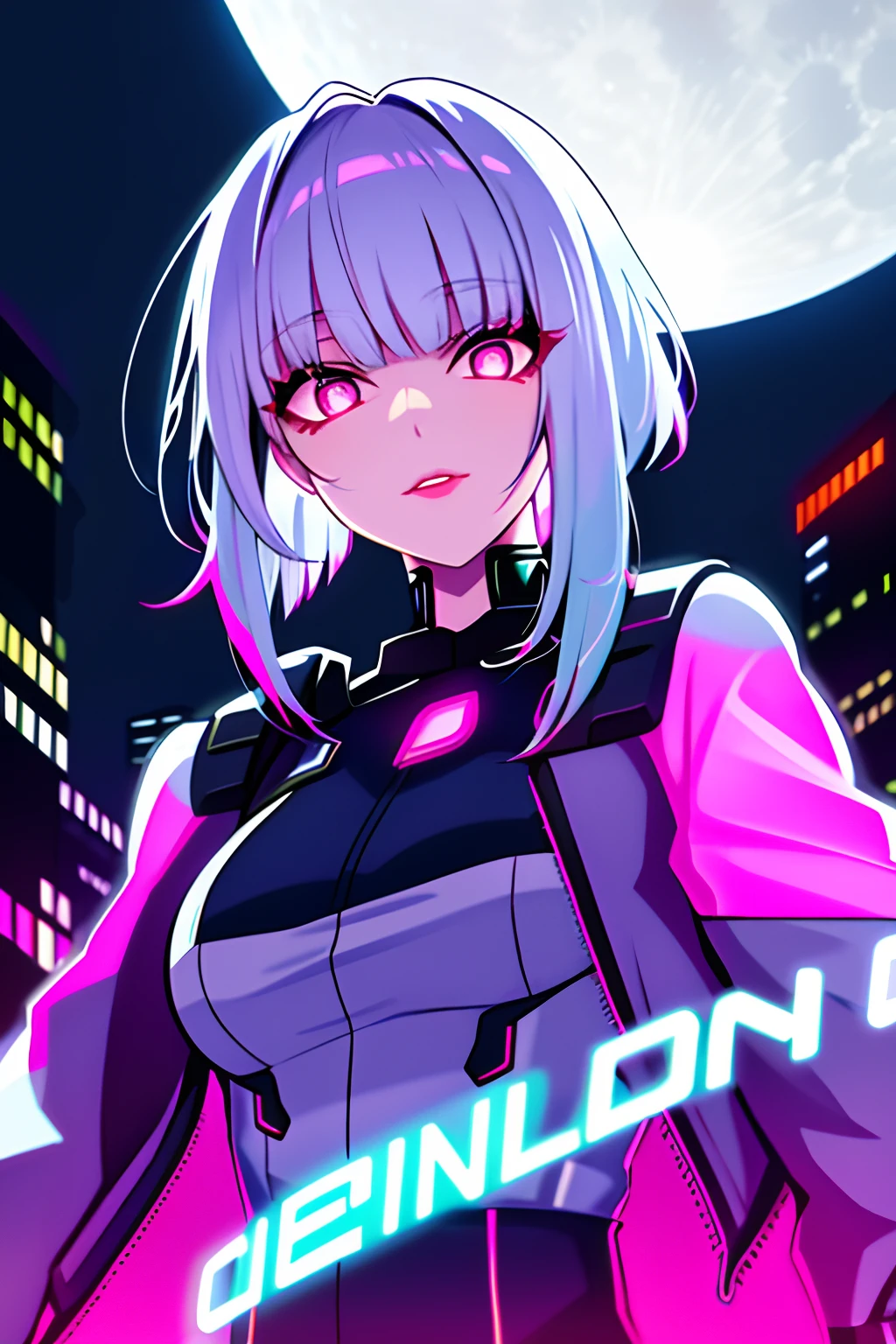 lucy \(Cyberpunk\), 1girll, hair scrunchie, hime-cut, Silver hair, colored tips, full moon, With gray eyes, Jacket, Long sleeves, view the viewer, Medium hair, Colorful hair, Bangs separated, lips parted, Pink-haired, Portrait, Red eyeliner, Redlip, Solo, White jacket, cyber punk perssonage\(Series\), Rainy night in neon-lit cyberpunk city,Two-dimensional,cyberpunk edgerunners, neon, neon colors,