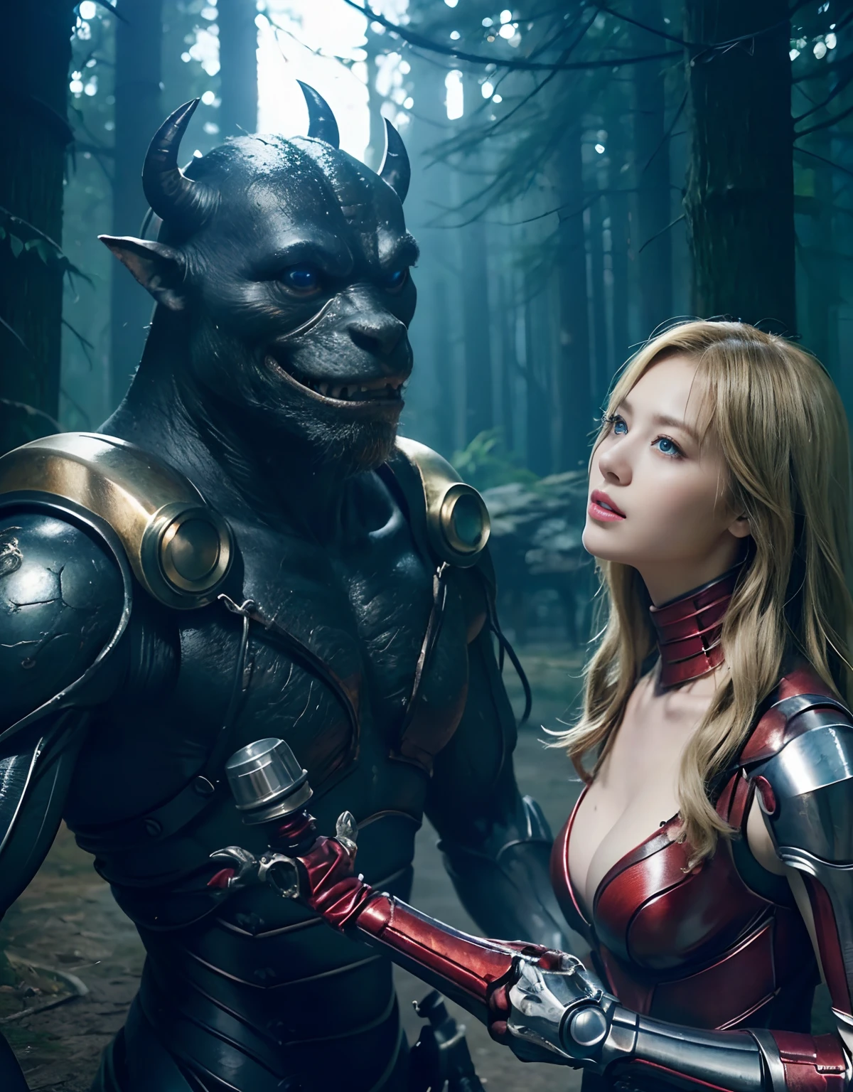 (1 Mechanical Girl)、top-quality、masterpiece、超A high resolution、(Photorealsitic:1.4)、Raw photo、女の子1人、Fight mutants、glowy skin、(((1 Mechanical Girl)))、With a beautiful knife、(Green Metal Bodysuit)、(Kobold、ogre、Fierce battle with orcs),(Fight fiercely against aliens)、Fight fiercely、(beautiful forest background)、(Fighting Demonic Beasts)、(Small LED)、((super realistic details))、portlate、(Strong giant demon beast background),globalillumination、Shadow、octan render、8K、ultrasharp、Colossal tits、Raw skin is exposed in cleavage、metals、Details of complex ornaments、Japan details、highly intricate detail、Realistic light、(Mystical expression),CGSoation Trends、Blue eyes、radiant eyes、Facing the camera、neon details、(Mechanical limbs)、(blood vessels connected to tubes)、Mechanical vertebrae attached to the back、mechanical cervical attaching to neck、(Wires and cables connecting to the head)、Gundam、Small LED、,Mechanical thighs、Toostock、(Hands are also made of machines)、(Attack of the Monster Beasts)、(Wounded in a deadly battle)、