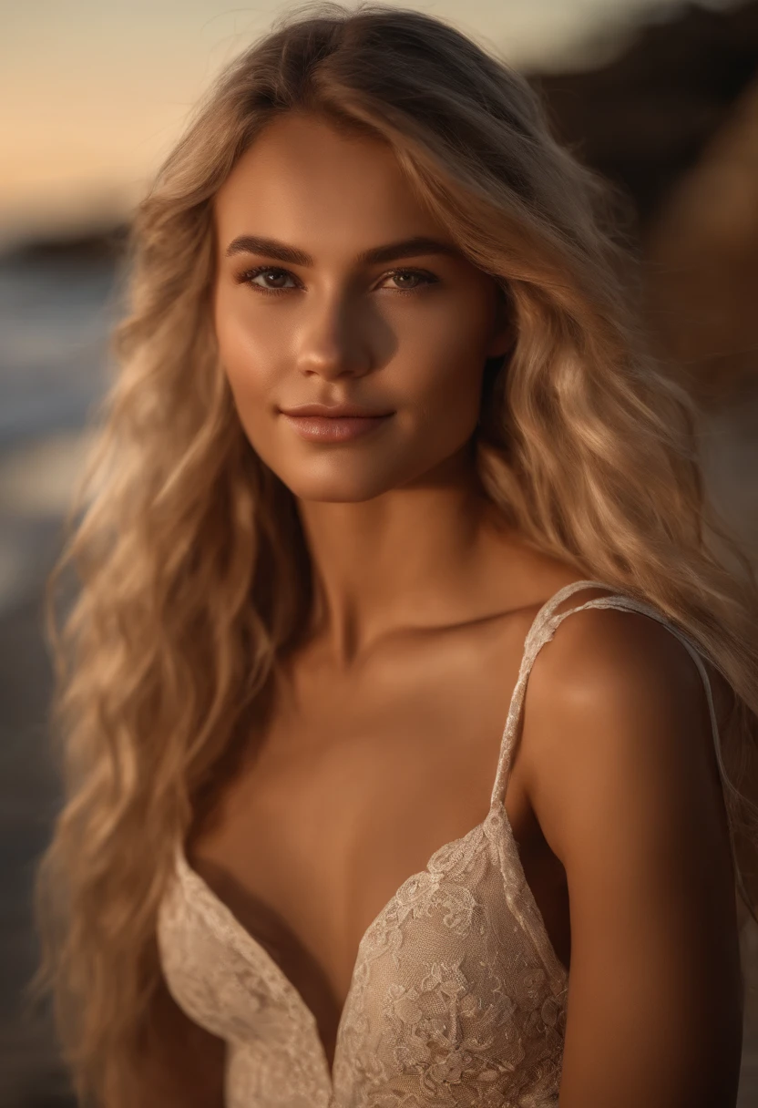 RAW, analog, Nikon Z 85mm,((best quality)), ((masterpiece)), ((realistic)),far fromthe camera image, gorgeous russian woman, blond, 18 year old, posing in a beach, wearing lingerie petite, smile with teeth showing, ((small breasts)), intricate details, highly detailed, sharp focus, professional, 4k, god rays, hand model, stunning brown eyes, petite,strong chin big ramus dnot defined jawline huge strong cheekbones highset cheekbones big eyes. great face projection highres, detailed facial features, high detail, sharp focus, smooth, extremely detailed, photo_\(ultra\), photorealistic, realistic, post-processing, max detail, roughness, real life, ultra realistic, photorealism, 8k uhd, SEMI-SILHOUETTE light, slavic face, long blon hair, beautiful hair, real face face