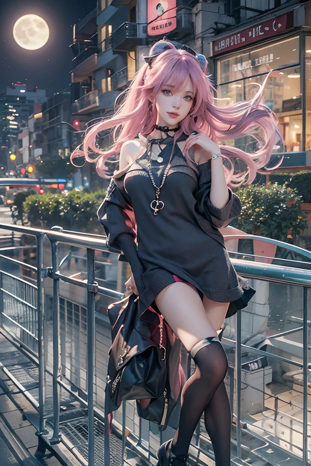 8k,beautiful,best quality,8k,beautiful,best quality, finely detailed,high quality,insanely detailed,masterpiece,ultra detailed,ultra highres,ultra quality, tongue out,Sleepy eyes,Emerald eyes,Small nose,Glossy makeup,Pink lipstick,Pink eyeshadow,Wavy hair,Colored inner hair,Long Hair,diagonal bang,Cityscape under the night sky. Illuminate the metropolis with dazzling lights and neon signs, showcasing its nocturnal allure.Japan,Tokyo,nsfw,revealing,maid, maid clothes,maid apron, maid headdress,frilled skirt,Knee high socks,from below,full body,Slender,Split Lighting,Subtle Shimmer,