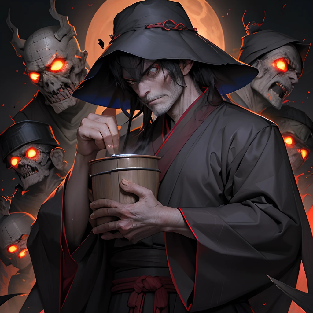 the night,Skinny middle-aged man in a Chinese cloak,Slightly shorter stature,Cracking of the skin,Zombie skins,Dry and thin,The expression is fierce,bucket-hat,独奏,super-fine,hyper HD