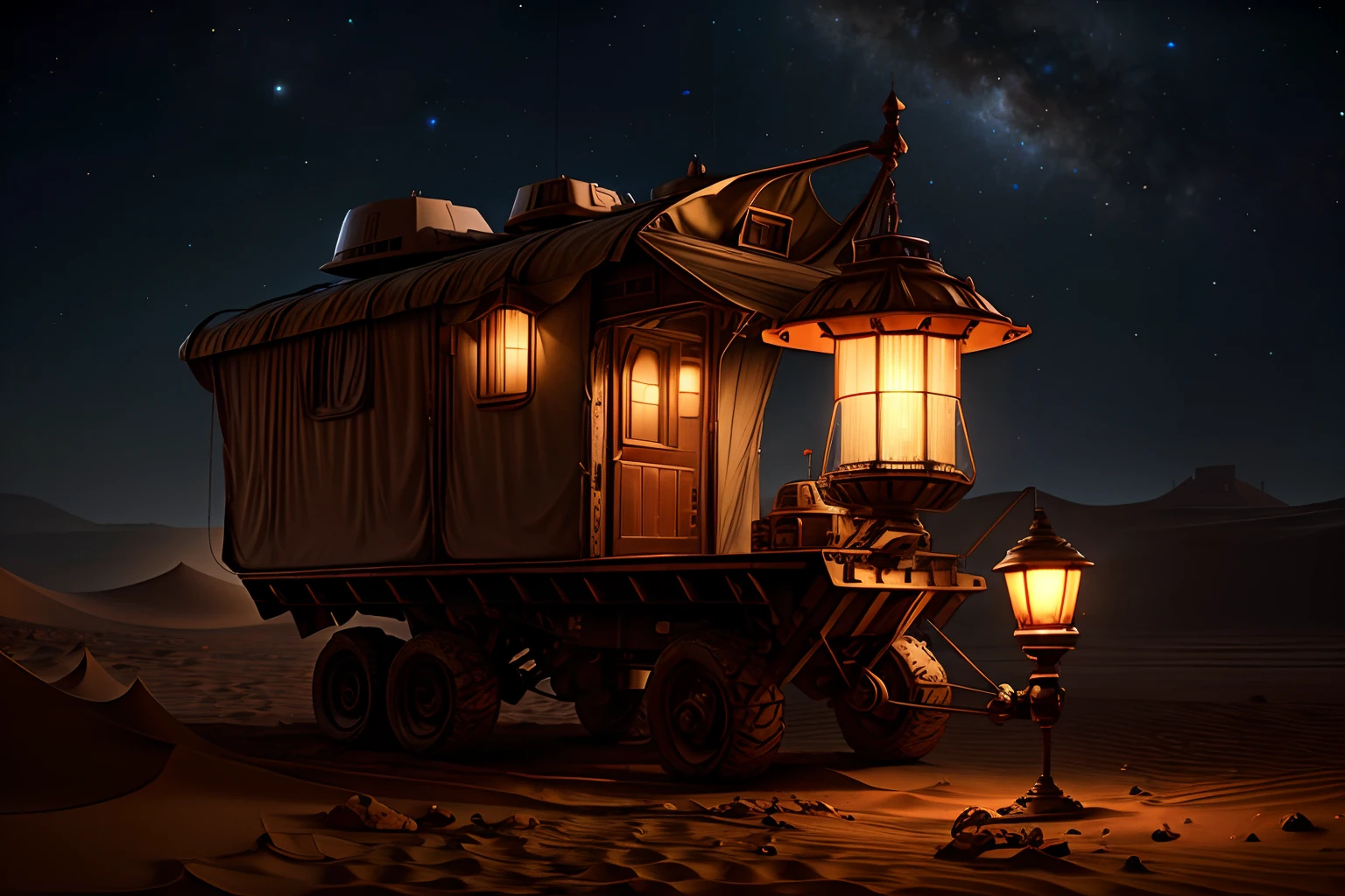 Mars pathfinder with house trailer, running on desert, volumetric lighting, global illumination, best quality, highly detailed, 8K, depth of field, dreamlike, GasLampFantasyAI
