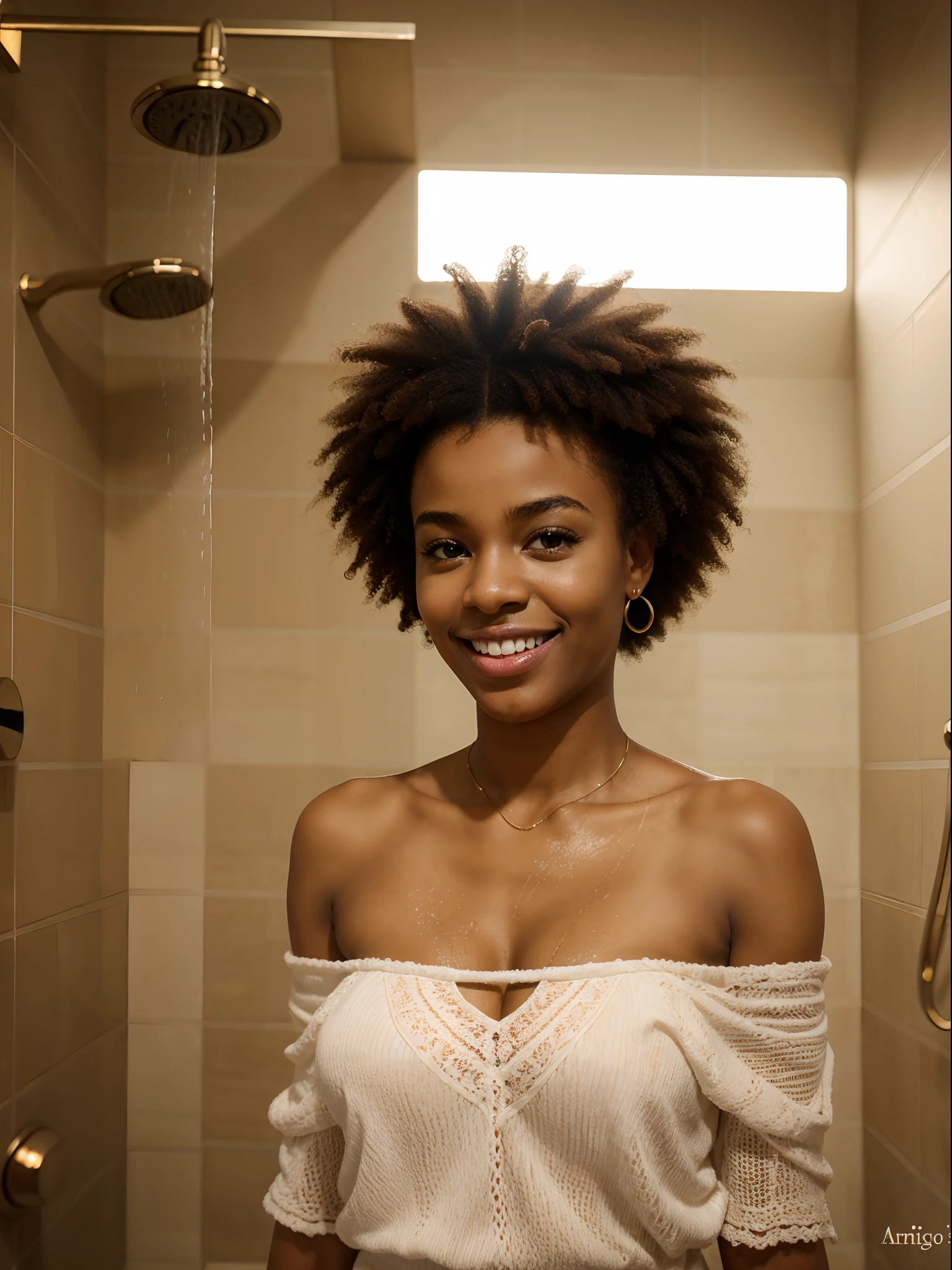 Black woman with blonde Afro naked in her bathroom