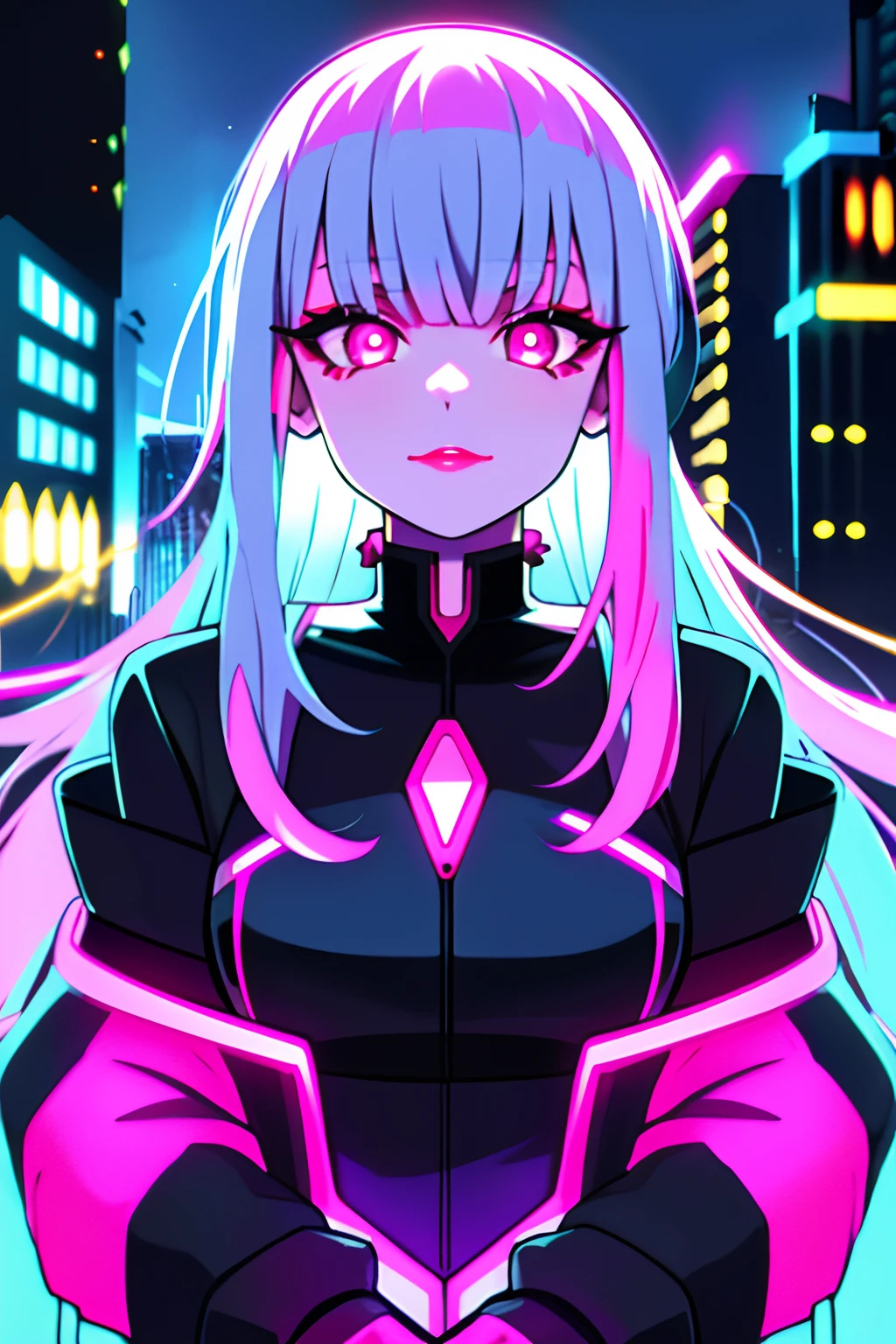 lucy \(Cyberpunk\), 1girll, hair scrunchie, hime-cut, Silver hair, colored tips, full moon, With gray eyes, Jacket, Long sleeves, view the viewer, Medium hair, Colorful hair, Bangs separated, lips parted, Pink-haired, Portrait, Red eyeliner, Redlip, Solo, White jacket, cyber punk perssonage\(Series\), Rainy night in neon-lit cyberpunk city,Two-dimensional,cyberpunk edgerunners, neon, neon colors,