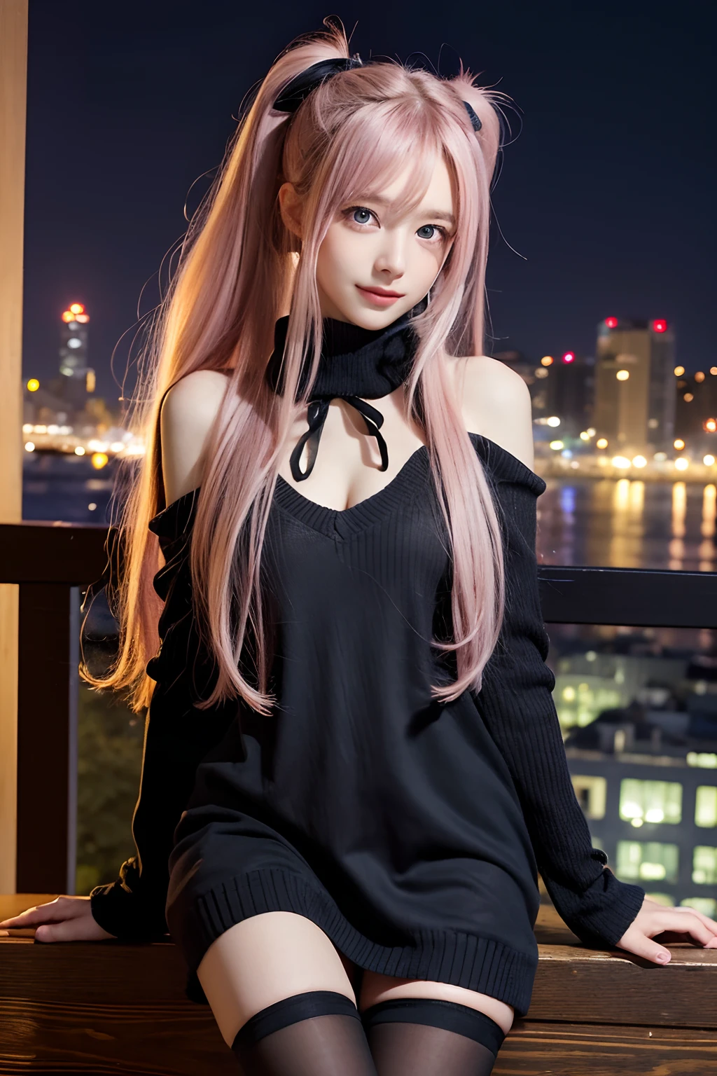 Masterpiece, Best quality, Night, full_Moon, Cityscape, Realistic, Photo, Real, Huge_filesize, the wallpaper, album, Girl, Long hair, Pink hair, Disheveled hair, Wavy hair, Beautiful detailed eyes, Light smile, Blue eyes, Medium breasts, Sailor dress, Sweater dress, Miniskirt, Black pantyhose, Loafer shoes, shackle, fingerless_mitts, Collar, lap_pillow head, nipple tweak_thigh high,