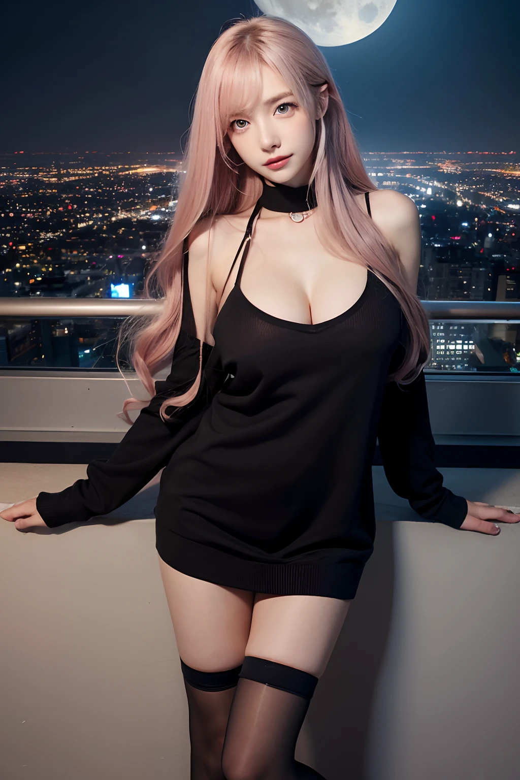 Masterpiece, Best quality, Night, full_Moon, Cityscape, Realistic, Photo, Real, Huge_filesize, the wallpaper, album, Girl, Long hair, Pink hair, Disheveled hair, Wavy hair, Beautiful detailed eyes, Light smile, Blue eyes, Medium breasts, Sailor dress, Sweater dress, Miniskirt, Black pantyhose, Loafer shoes, shackle, fingerless_mitts, Collar, lap_pillow head, nipple tweak_thigh high,