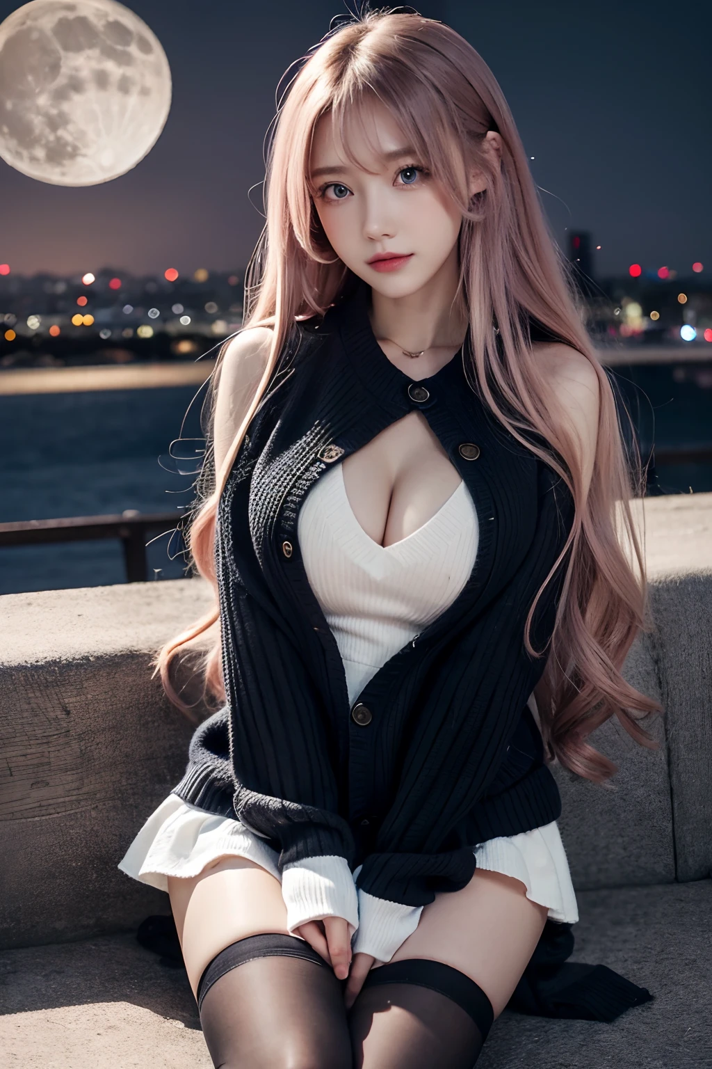 Masterpiece, Best quality, Night, full_Moon, Cityscape, Realistic, Photo, Real, Huge_filesize, the wallpaper, album, Girl, Long hair, Pink hair, Disheveled hair, Wavy hair, Beautiful detailed eyes, Light smile, Blue eyes, Medium breasts, Sailor dress, Sweater dress, Miniskirt, Black pantyhose, Loafer shoes, shackle, fingerless_mitts, Collar, lap_pillow head, nipple tweak_thigh high,