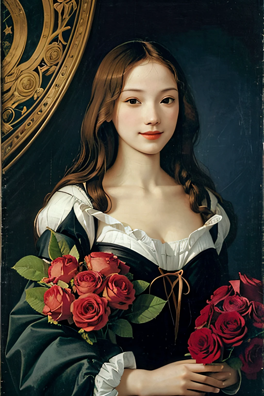 quantum mechanics、Mathematics,Astronomical instruments, astronomy,Roses in vase, fruit,Cute. Smiling face, big tits, Sandro Botticelli paintings.Shoulder-baring outfits, big breasts