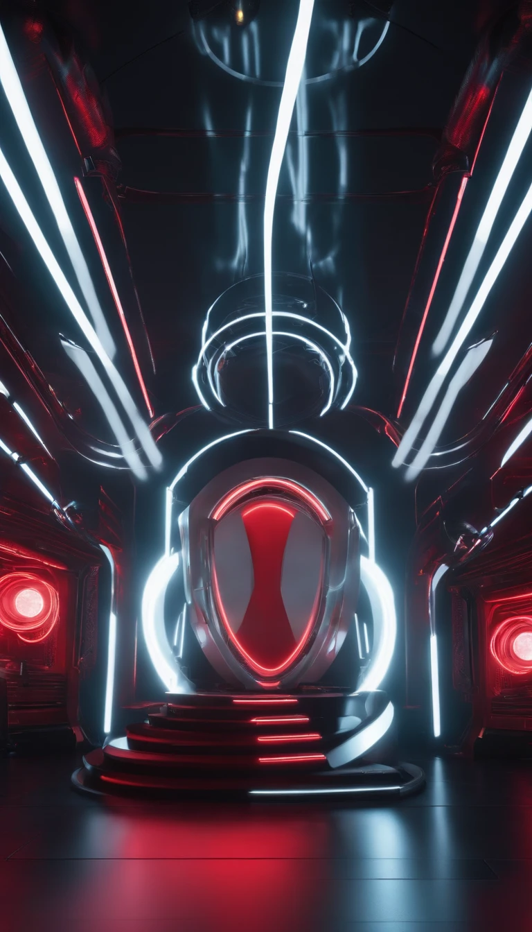 Round stage with white and black, future-tech, glowing neon lights, cyber punk perssonage,The lights are gorgeous,Realistic details and vivid textures,The main color is red