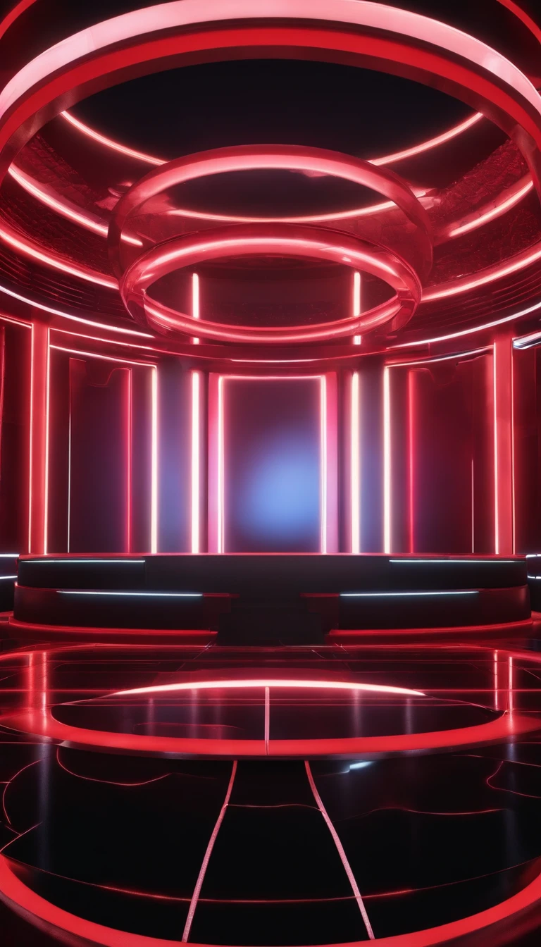 Round stage with white and black, future-tech, glowing neon lights, cyber punk perssonage，The lights are gorgeous，Realistic details and vivid textures，The main color is red