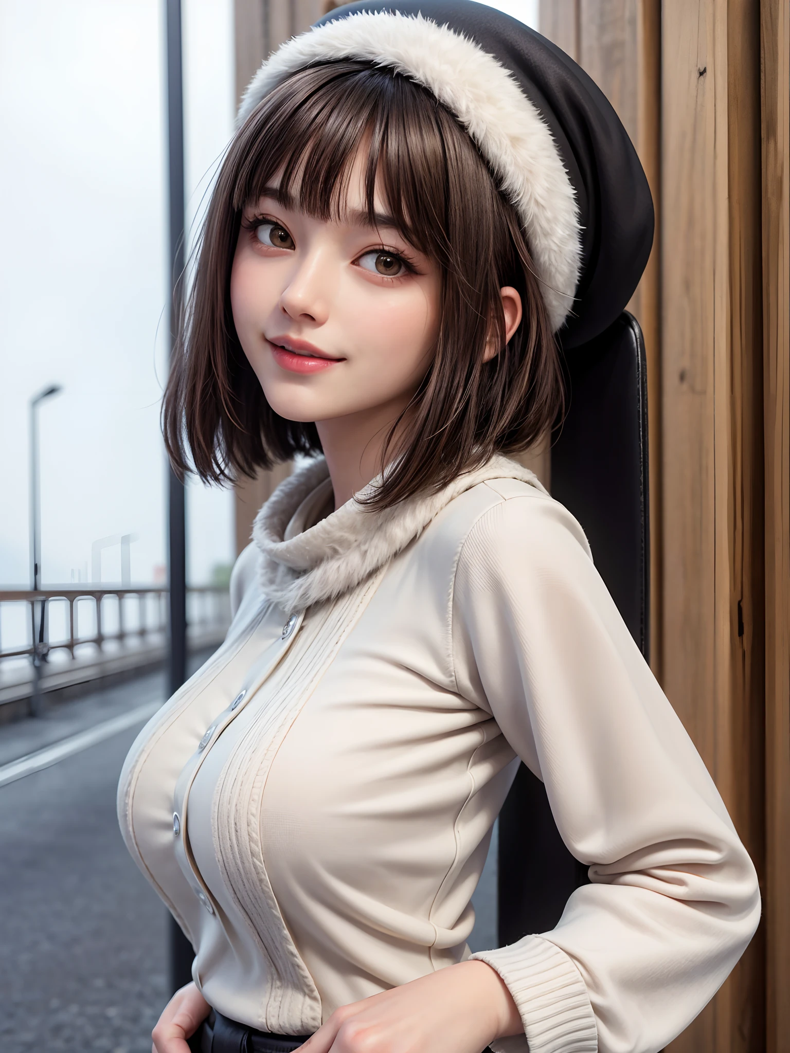 (​masterpiece, top-quality、Very attractive adult beauty、Add intense highlights to the eyes),1girl in, 独奏, A dark-haired, scarf, Hats,, realisitic, looking at the viewers, black eyes of light color, shorth hair, coat, Winter clothes, White headscarf, s lips, lipgloss，bangss,, a closed mouth, The upper part of the body、big eye、Lashes、((Road system in Italy))、((Shorthair with bangs、big eye、Put very strong highlights in your students、very Bigger breasts、gazing at viewer、Very beautiful beauty、Put your ears out、long neck、little smiling、Close your mouth and smile)))、28 year old、Cute supermodels