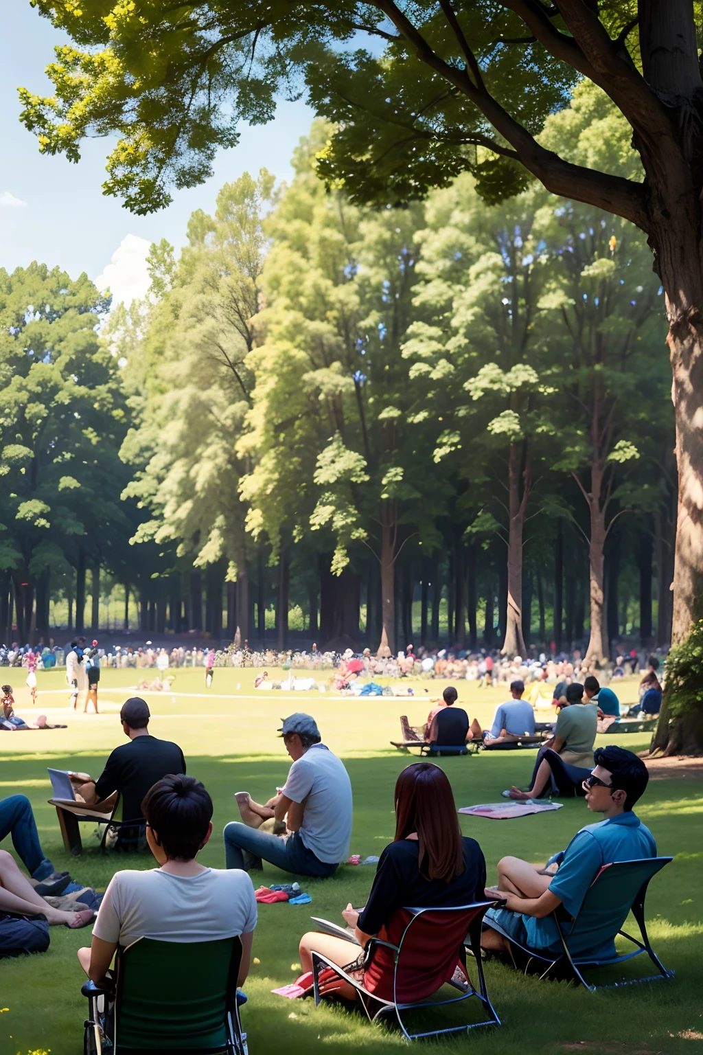 crowd relaxing in park, real photo