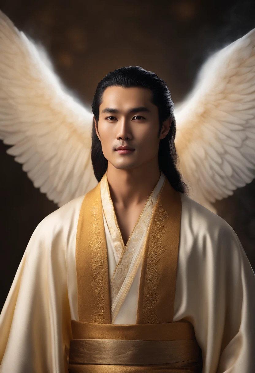 photorealistic, (hyperrealistic:1.2), handsome asian man, masterpiece, best quality, extremely detailed face, perfect lighting, long hair, strong jaw, slightly large eyes, A divine and radiant man in celestial splendor, (spiritual asian robes), (heavenly presence:1.2), (serene expression), (majestic wings), (ethereal glow:1.1), (peaceful and comforting), (transcendent beauty), (divine grace), (symbol of purity), (golden halo), (uplifting atmosphere), (celestial realm), (spiritual enlightenment), (gentle and protective), (illuminating light:1.2), (seraphic figure), (harmony and serenity), (angelic robes), (timeless and celestial), (captivating aura), (healing and guidance) asian man, facial stubble, smile, looking at camera