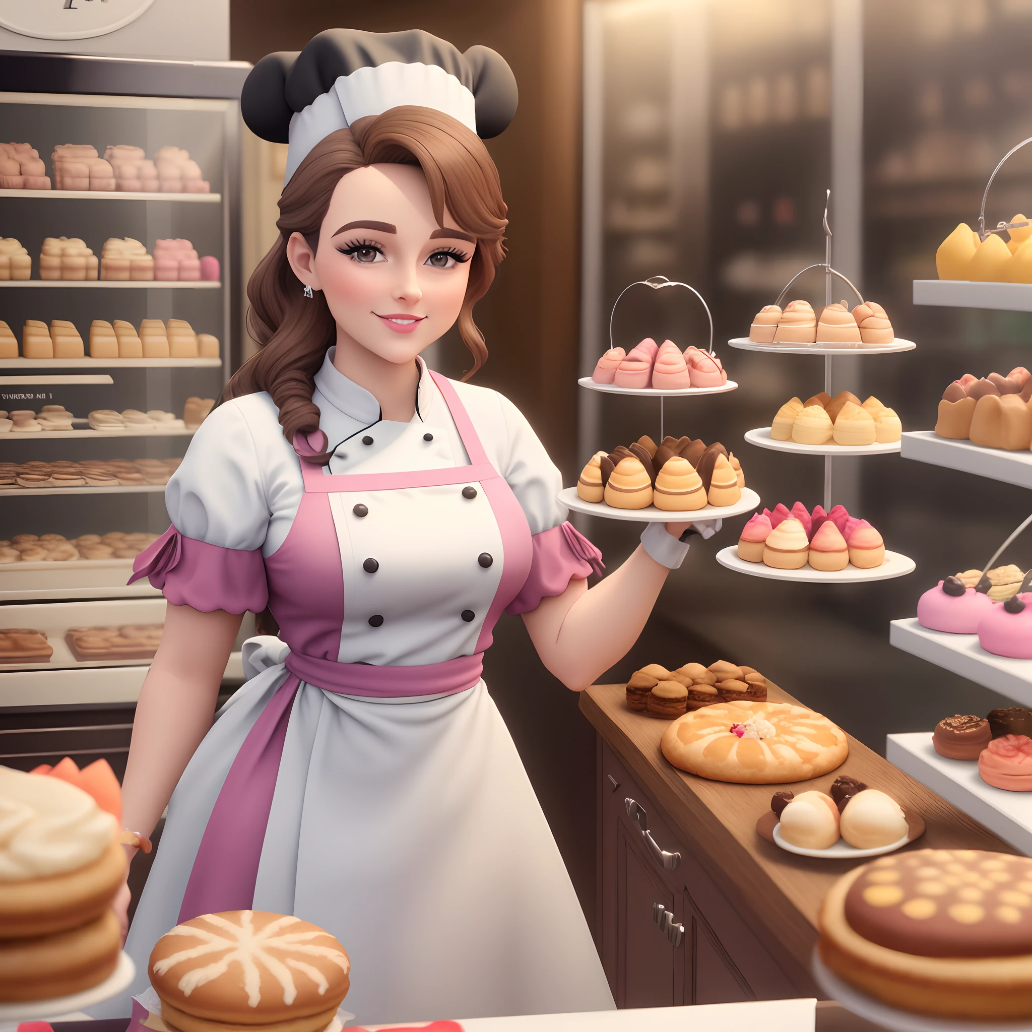 Chef patisserie mulher velha de avental Dentro de uma pastelaria vienense, sobremesas delicadas sentam-se em uma vitrine
3d imagem de alta qualidade disney cinema