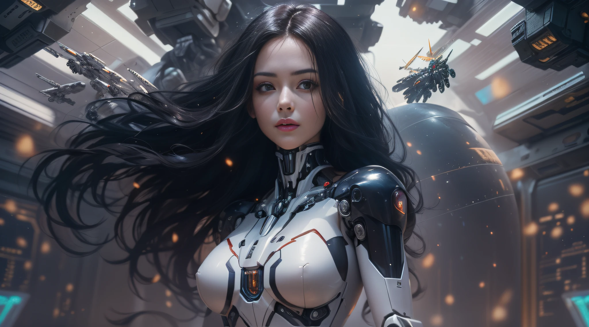 (Best Quality), Masterpiece, 8K, RAW, Beautiful Black Silk Bride Naked,(Photo-realistic), Black silk Dress, Black long Hair, zero-gravity, Full-Body Portrait, dramatic Lighting, (Mecha:1.5), (Cybernetics:1.2), Space-station, (Explosion in Background), Particles floating in Air