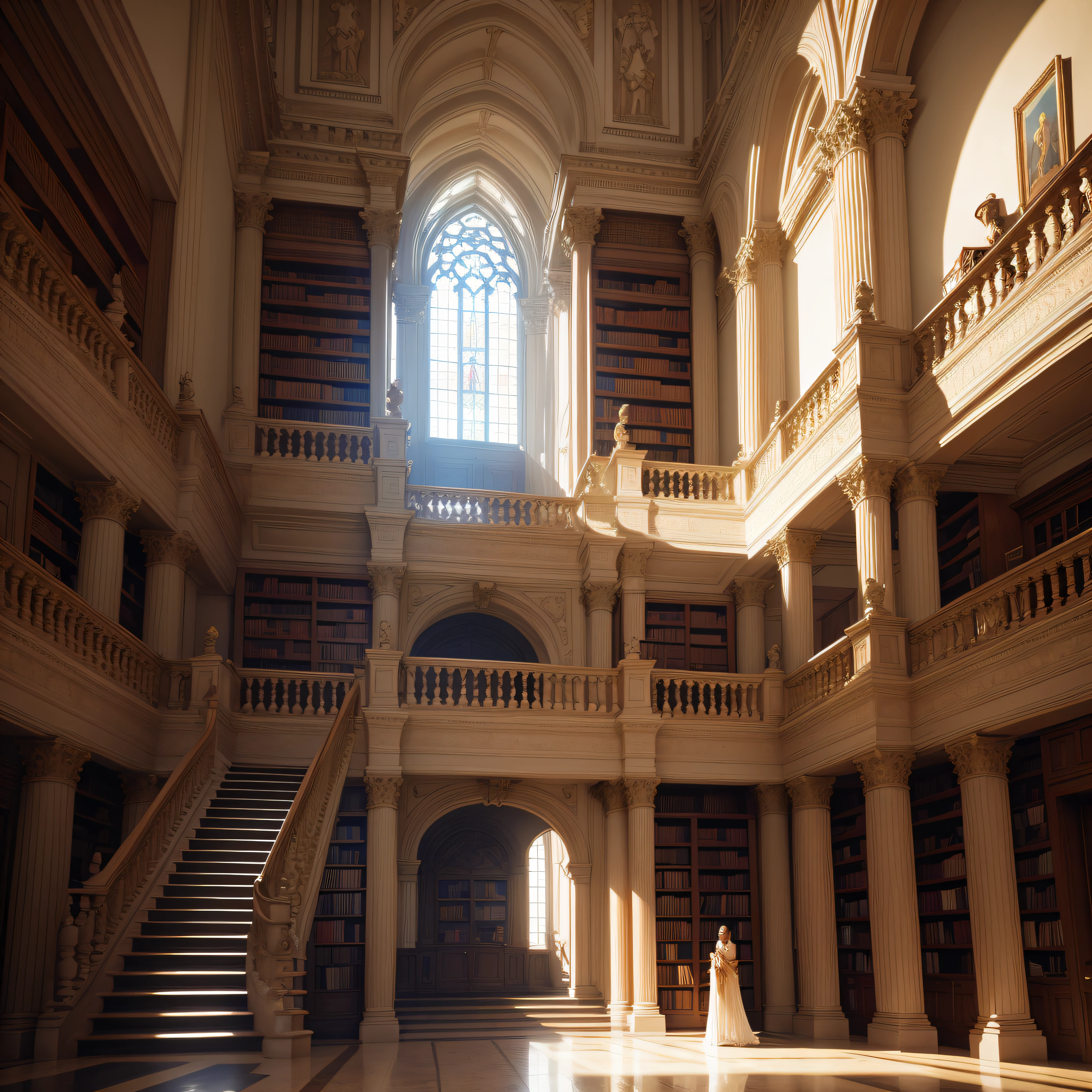 Grand Entrance: A majestic entrance with towering bookshelves and a grand staircase.
