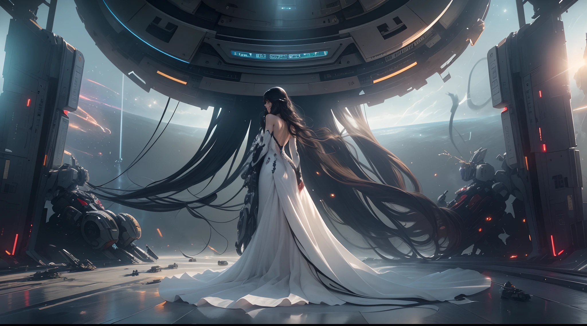 (Best Quality), Masterpiece, 8K, RAW, Beautiful Black Silk Bride Naked，(Photo-realistic), Black silk Dress, Black long Hair, zero-gravity, Full-Body Portrait, dramatic Lighting, (Mecha:1.5), (Cybernetics:1.2), Space-station, (Explosion in Background), Particles floating in Air