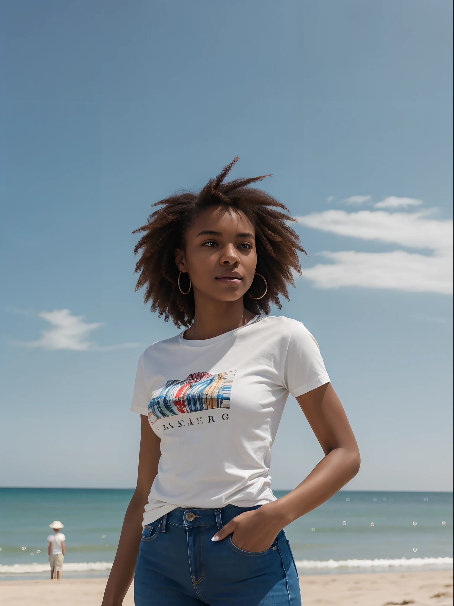 corps entier , beau visage, Cheveux longs et lisse,Warm light and clear complexion, afro-american, Detailed, ultra quality, poitrine claire, mignonne, adorable, Jeans and white t-shirt standing at the beach