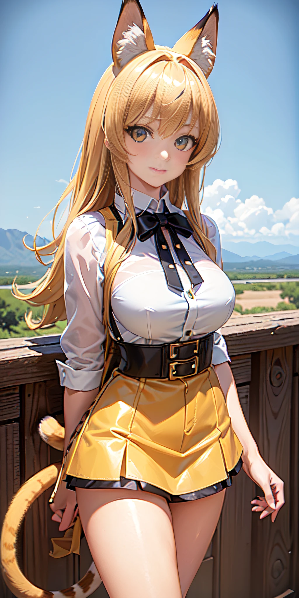 cowboy shot, beautiful eyes, Masterpiece, Best quality, realistic photo, solo1girl, serval, blonde hair, Cat ears, Cat tail, (50% cowboy yellow high waist miniskirt), High Resolutions, Kemono friends, large firm and round breasts, looking at viewer, orange eyes, tail, high yellow thighs, W arms, white gloves, white shirt