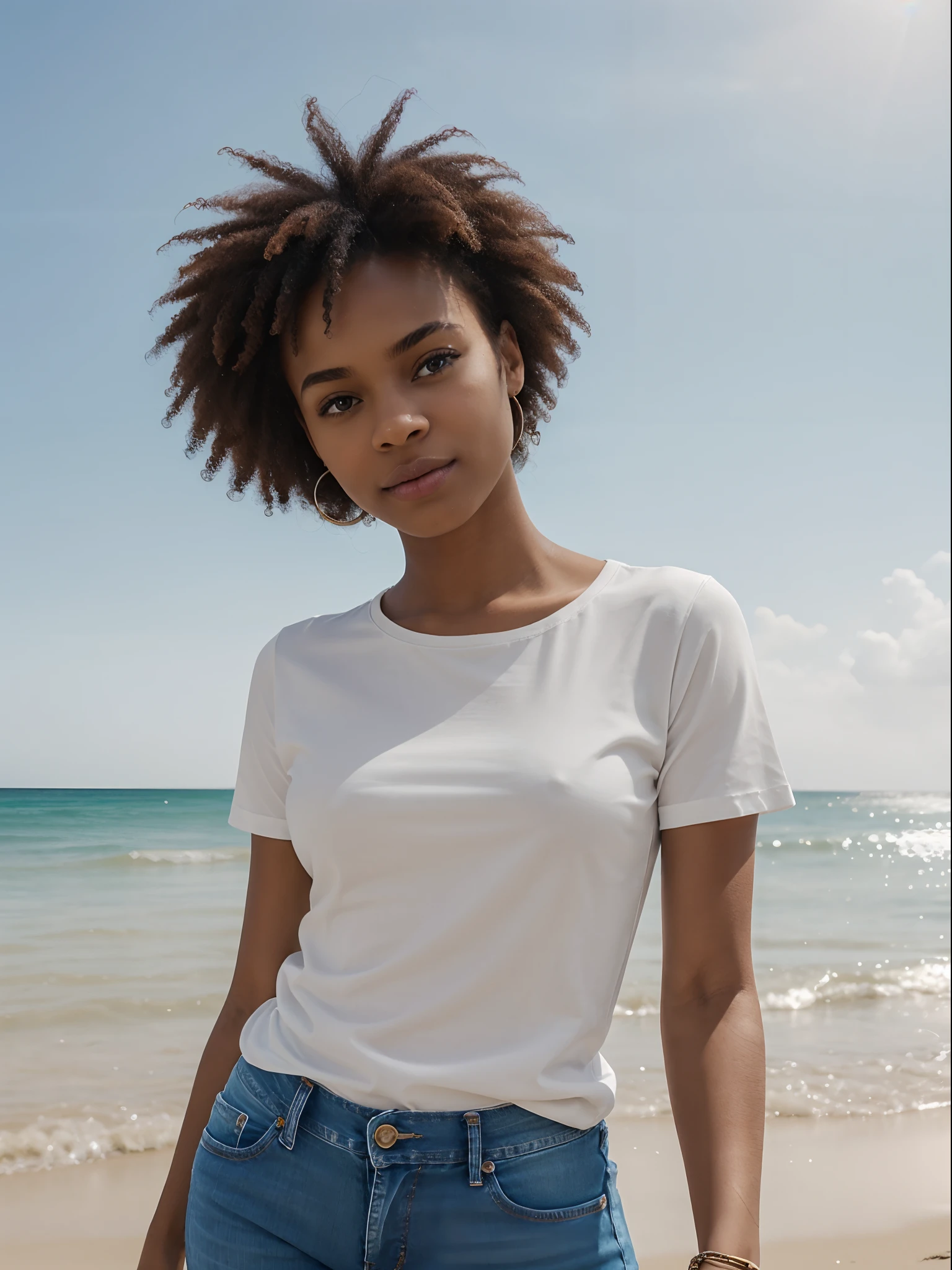 corps entier , beau visage, Cheveux longs et lisse,Warm light and clear complexion, afro-american, Detailed, ultra quality, poitrine claire, mignonne, adorable, Jeans and white t-shirt standing at the beach