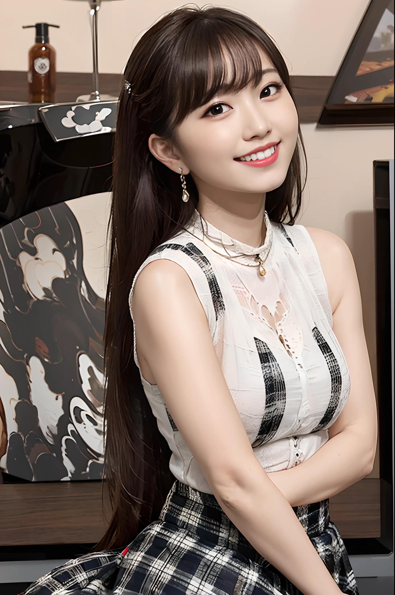 top-quality、​masterpiece、超A high resolution、(Photorealsitic:1.4)、A highly detailed、Professional lighting smile、1girl in、15yo student、Gray plaid skirt、white  shirt、cleavage of the breast、Beautiful style、Showing the side