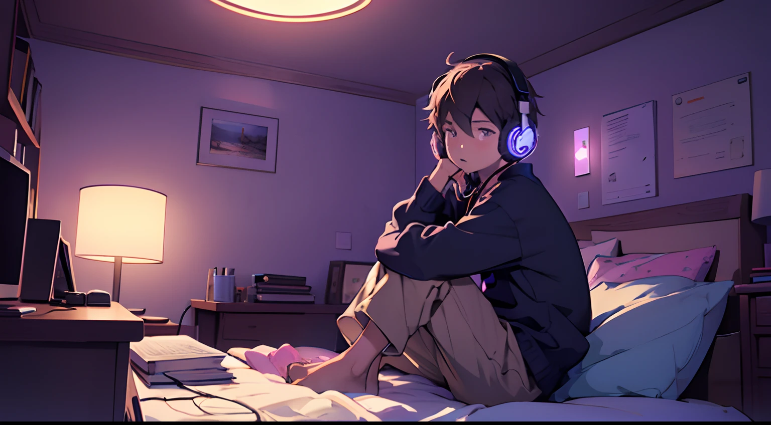 A little boy sits at his desk studying,Listen to music with headphones on,Relaxing and comfortable atmosphere in a night bedroom setting,Purple lighting atmosphere