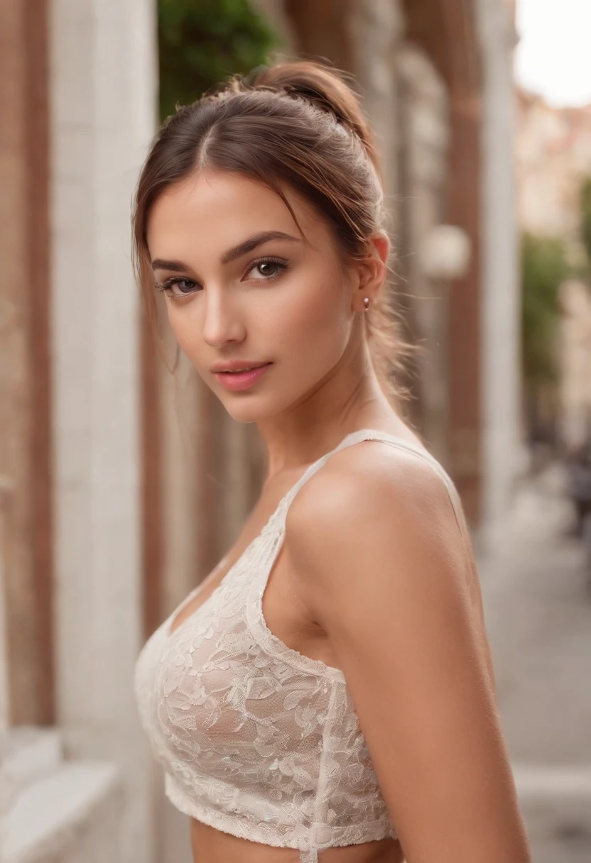((italian tanned skin, italian attractive 25 year old )), ((her beauty is undeniable)), ((excited cute face)), ((hyper detailed perfect eyes,)), ((cute pose)), ((tongue out)), ((seductive )), sexy, (( tight mesh shirt, sexy short shorts)), (( ponytail hair,)), (( skin)), ((standing, front view)), ((touching her own legs in a sexy pose)), ((outdoors, public city)), sharp focus cgi, photorealistic, high detail, realistic, masterpiece, absurdres, best quality, HDR, high quality, high-definition, extremely detailed, 8k wallpaper, intricate details, 8K uhd, Full-HD, (realistic photo:1.2), contrast, harsh lighting, cinematic lighting, natural lighting, hard light, backlighting, global illumination, ambient occlusion, medium breast 2.0