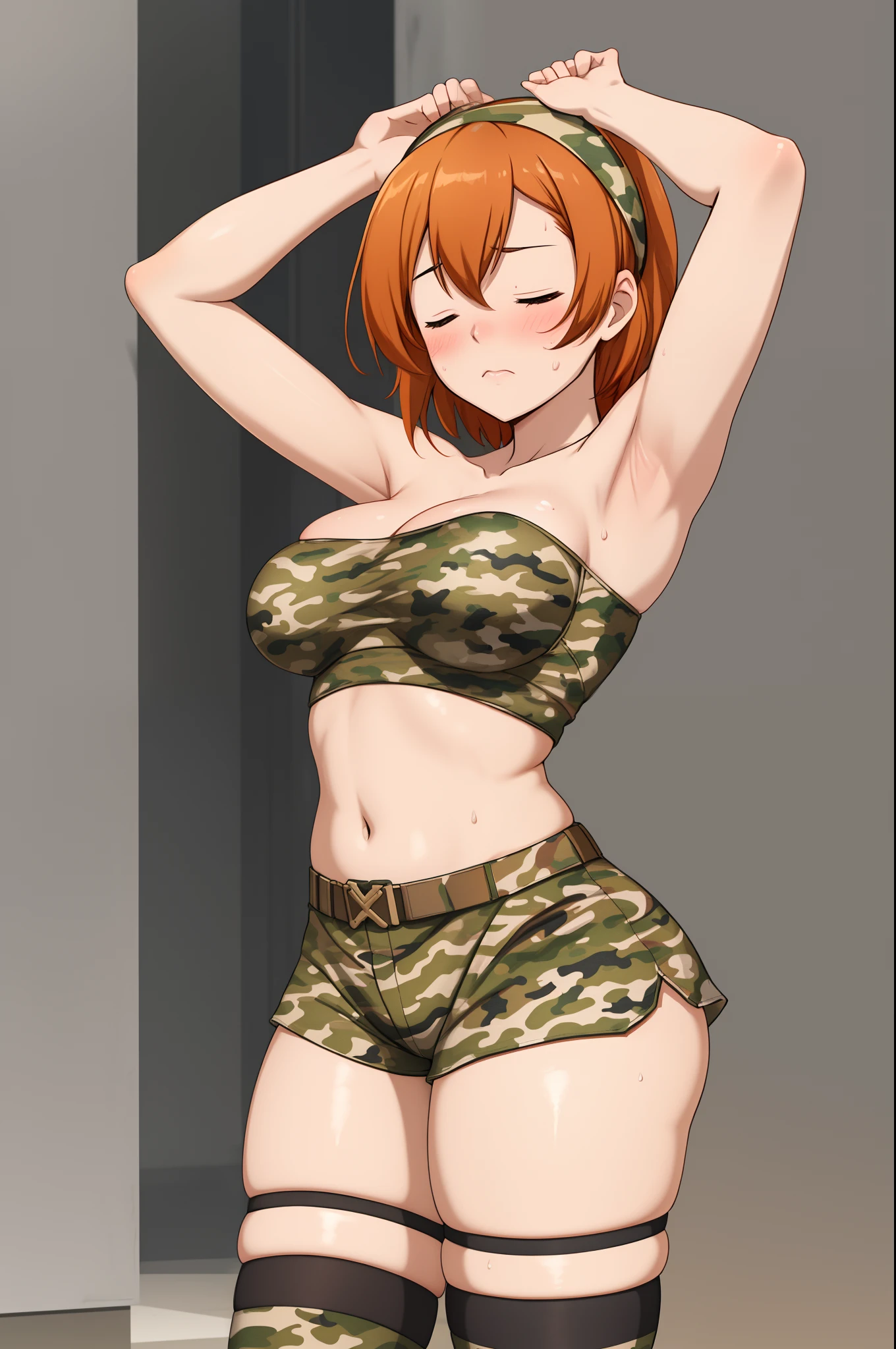 Kousaka honoka, closed eyes, (orange hair:0.8), white head band, strapless crop top, Camouflage paint,army shorts, Camouflage print thighhighs, straddling, serious eye,blush,big breasts,thicc , curvy body, sweating, embarrassed, arms up, hands up