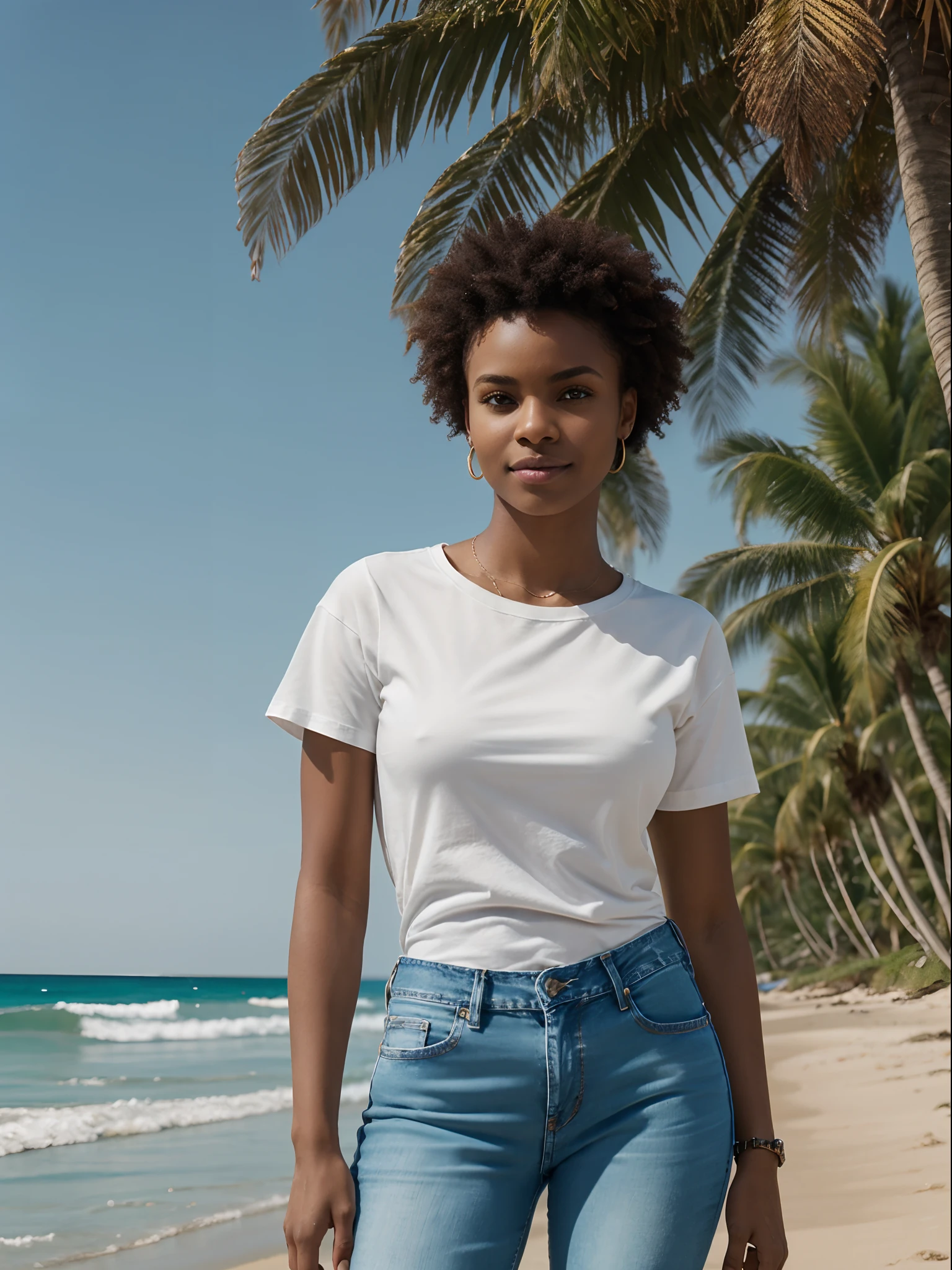 corps entier , beau visage, Cheveux longs et lisse,Warm light and clear complexion, afro-american, Detailed, ultra quality, poitrine claire, mignonne, adorable, Jeans and white t-shirt standing at the beach