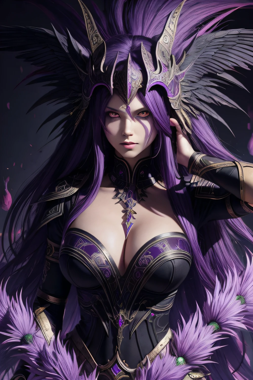 Lucifer, purple eyes, purple hair, huge breasts, long hair, hair over eyes, mask,