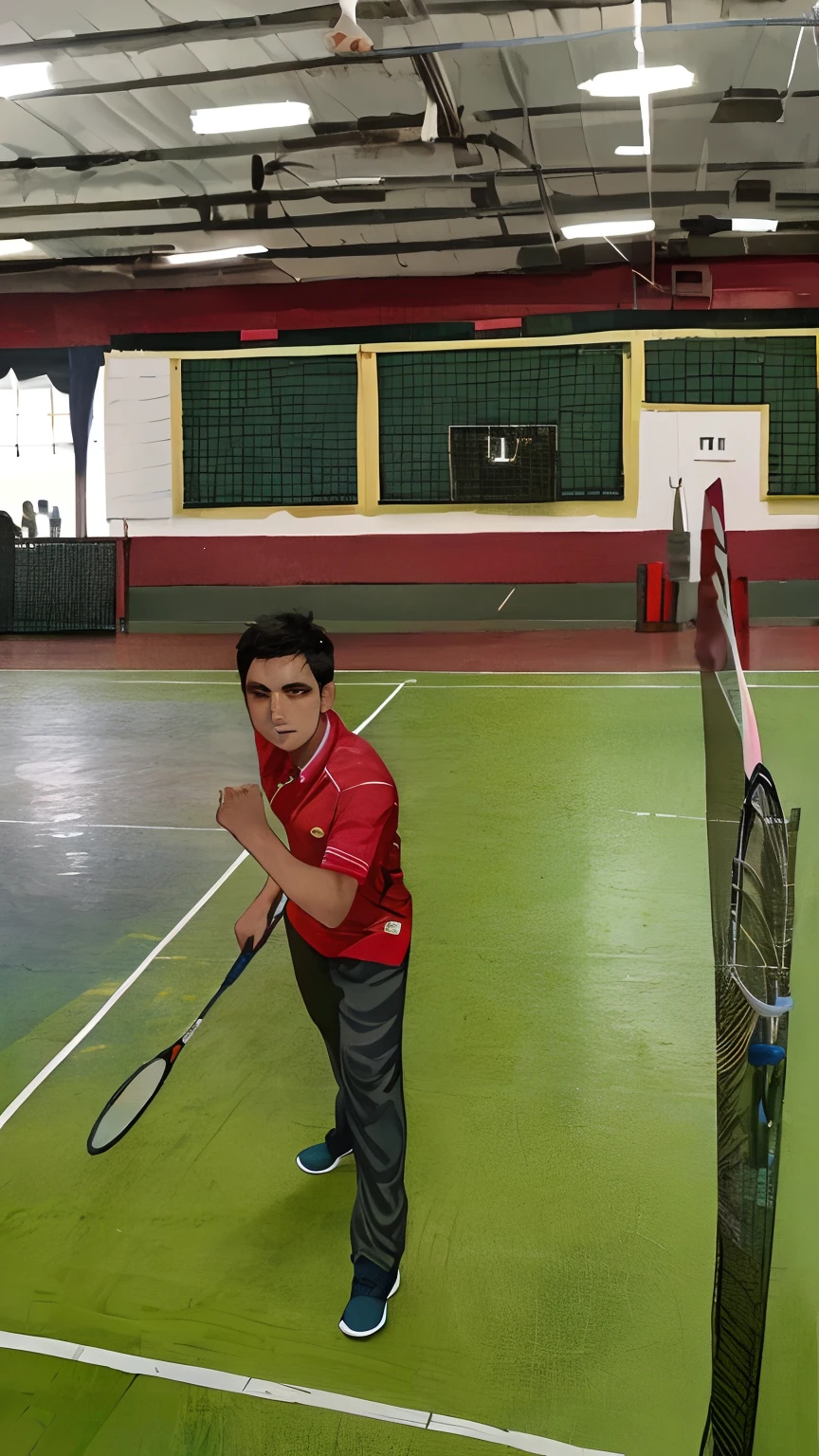 Male batminton atlet , Indonesian,in the room, ultra detail face, ultra detail eye