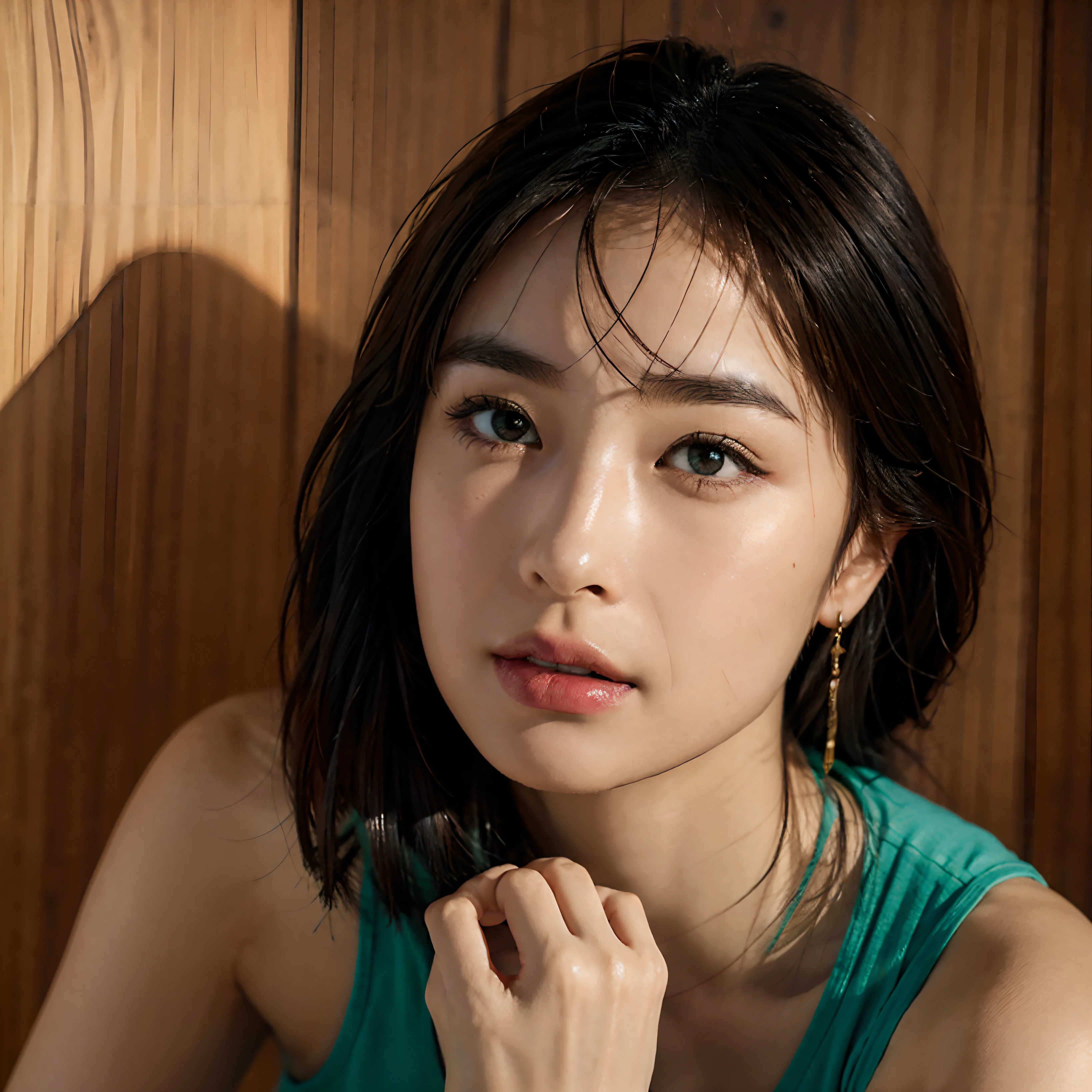 "Create the face of a woman inspired by Asian, Persian, and Russian traits:
- Face size: 21 centimeters.
- Nose position: Centered, 4 centimeters below the eyes.
- Nose size: 3.5 centimeters, refined and slightly upturned.
- Mouth size: 3 centimeters, with plush, well-defined lips.
- Eye details: Almond-shaped, green eyes, 2.5 centimeters in diameter, angled at 10 degrees, with a subtle curve.
- Radiant bronze complexion, evoking a sun-kissed glow.
- Short red hair, 10 centimeters in length, framing the face elegantly.
- Ensure hyper-realistic rendering with an 8K resolution."