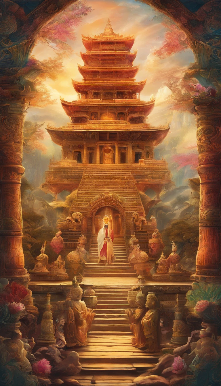 Illustrate a wise-looking minister from ancient times, symbolizing old age, capturing a vibrant young king, representing the prime of life. The scene is set outside an ancient palace with intricate carvings and Buddha symbols.