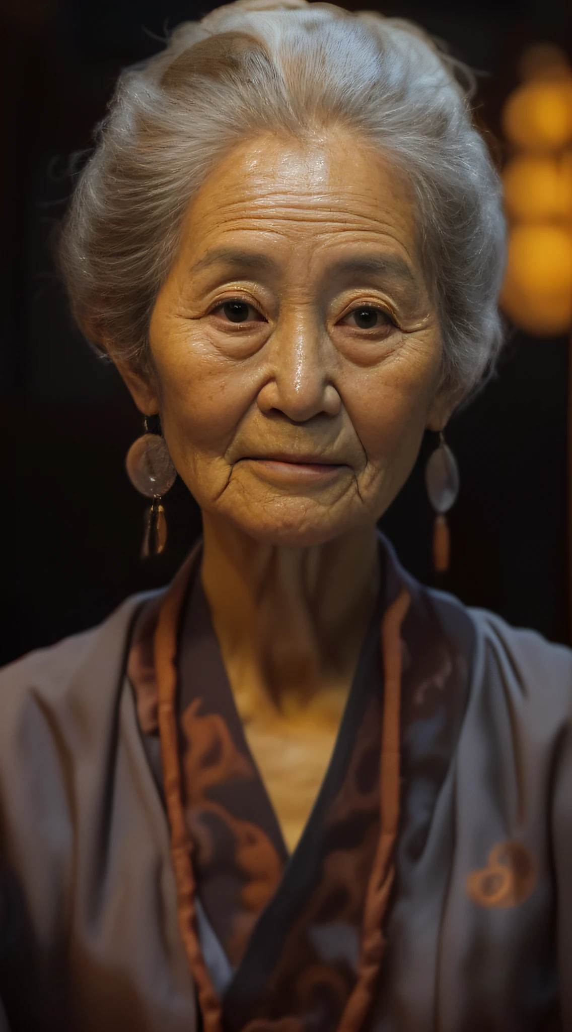 An old grandmother,Wearing a monk's robe,Face to the camera,With a kind face