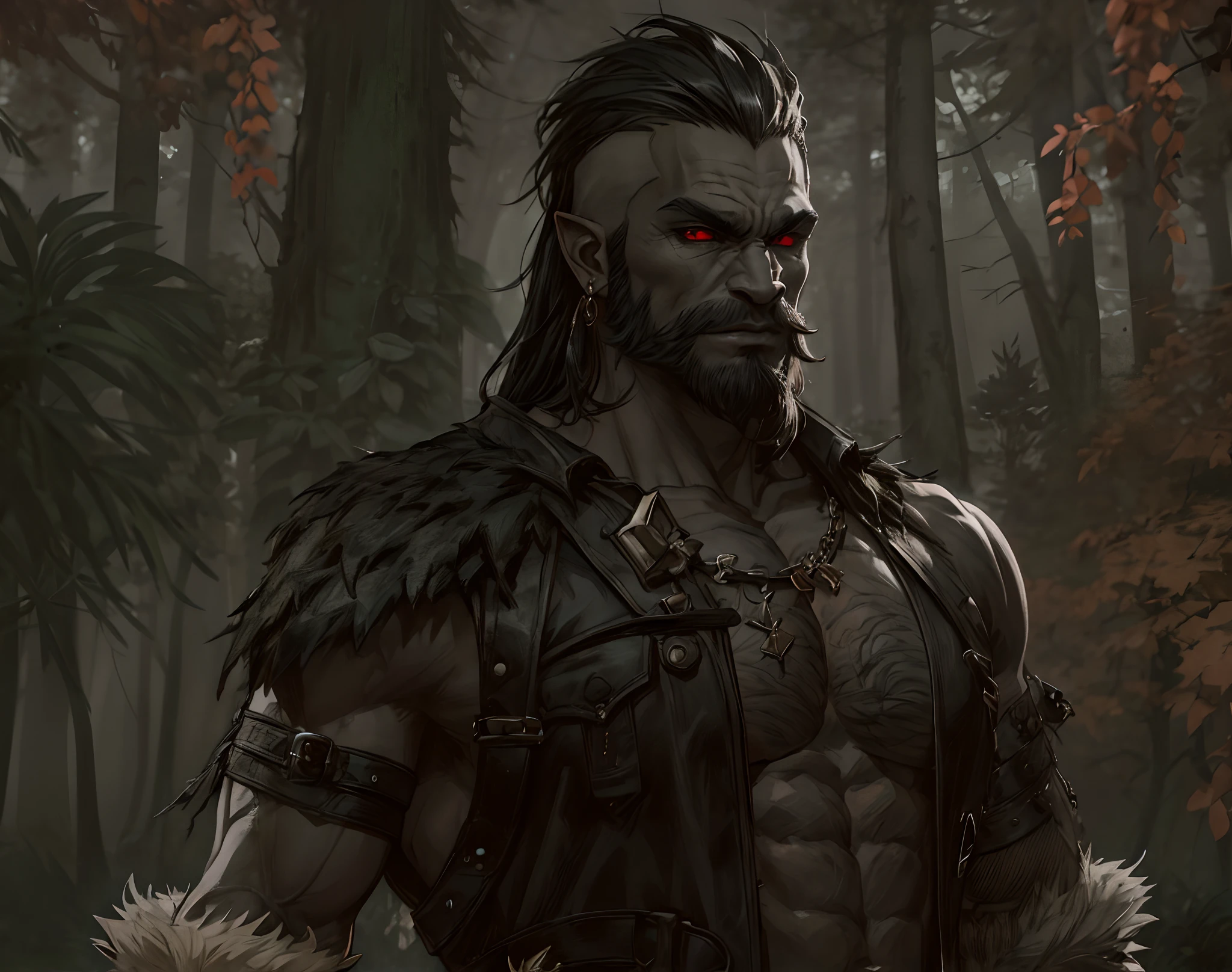 masterpiece, best quality, orc, dark gray skin, solo, dark black hair, vibrant red eyes with black sclera, looking at viewer, closed mouth, Fantasy aesthetics, barbarian, Highly detailed, shadowverse style, dark forest background, powerful, big muscle, facial hair, in the dark forest, sideshaved long hair