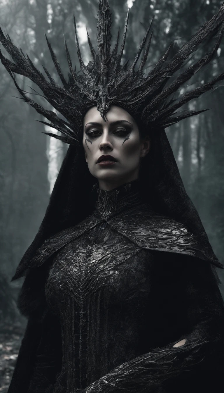 Hela, Deusa da morte, nordic mythology, Scarlet witch with a tiara with several blades on her head, Colar de caveiras, Usando um vestido feito com caveiras e laminas, Arte em estilo Guviz, Ross Tran 8 K, uma bela imperatriz fantasia, 8k arte detalhada de alta qualidade, Arte digital altamente detalhada em 4k, Retrato da rainha das trevas, wielding multiple pointed swords, Fundo de cinzas e fogo, pequenos pontos de brasa quente ao fundo, Vestido composto por caveiras e laminas, beautiful detailed face