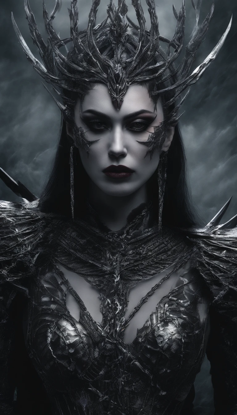 Hela, Deusa da morte, nordic mythology, Scarlet witch with a tiara with several blades on her head, Colar de caveiras, Usando um vestido feito com caveiras e laminas, Arte em estilo Guviz, Ross Tran 8 K, uma bela imperatriz fantasia, 8k arte detalhada de alta qualidade, Arte digital altamente detalhada em 4k, Retrato da rainha das trevas, wielding multiple pointed swords, Fundo de cinzas e fogo, pequenos pontos de brasa quente ao fundo, Vestido composto por caveiras e laminas, beautiful detailed face