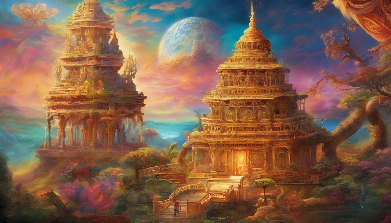 Illustrate a wise-looking minister from ancient times, symbolizing old age, capturing a vibrant young king, representing the prime of life. The scene is set outside an ancient palace with intricate carvings and Buddha symbols.