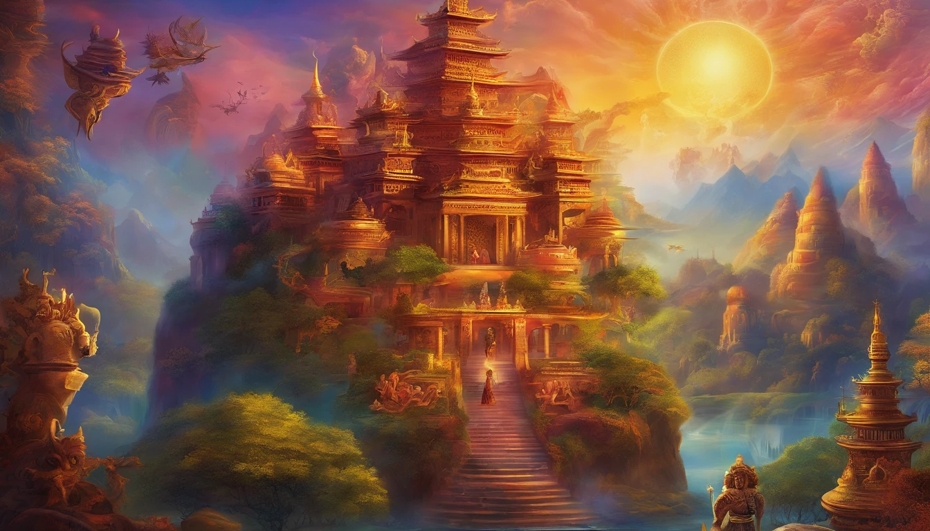 Illustrate a wise-looking minister from ancient times, symbolizing old age, capturing a vibrant young king, representing the prime of life. The scene is set outside an ancient palace with intricate carvings and Buddha symbols.