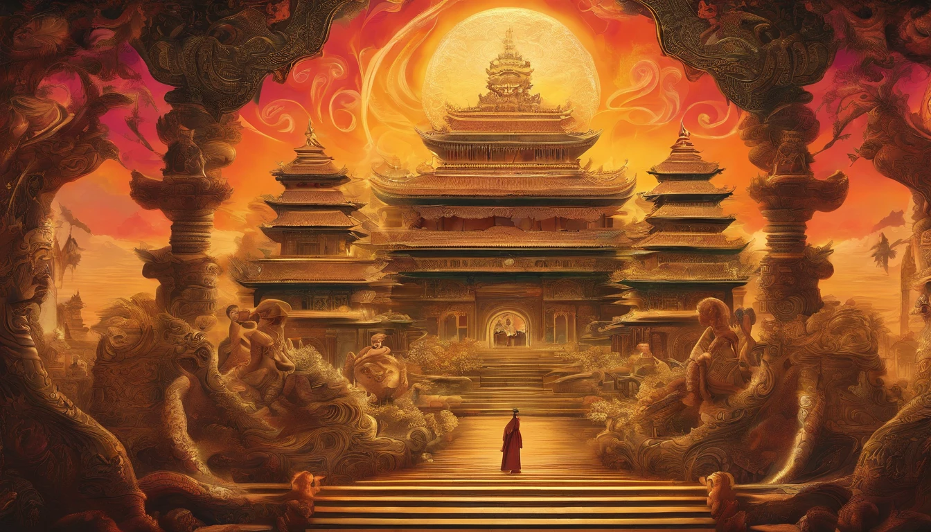 Illustrate a wise-looking minister from ancient times, symbolizing old age, capturing a vibrant young king, representing the prime of life. The scene is set outside an ancient palace with intricate carvings and Buddha symbols.