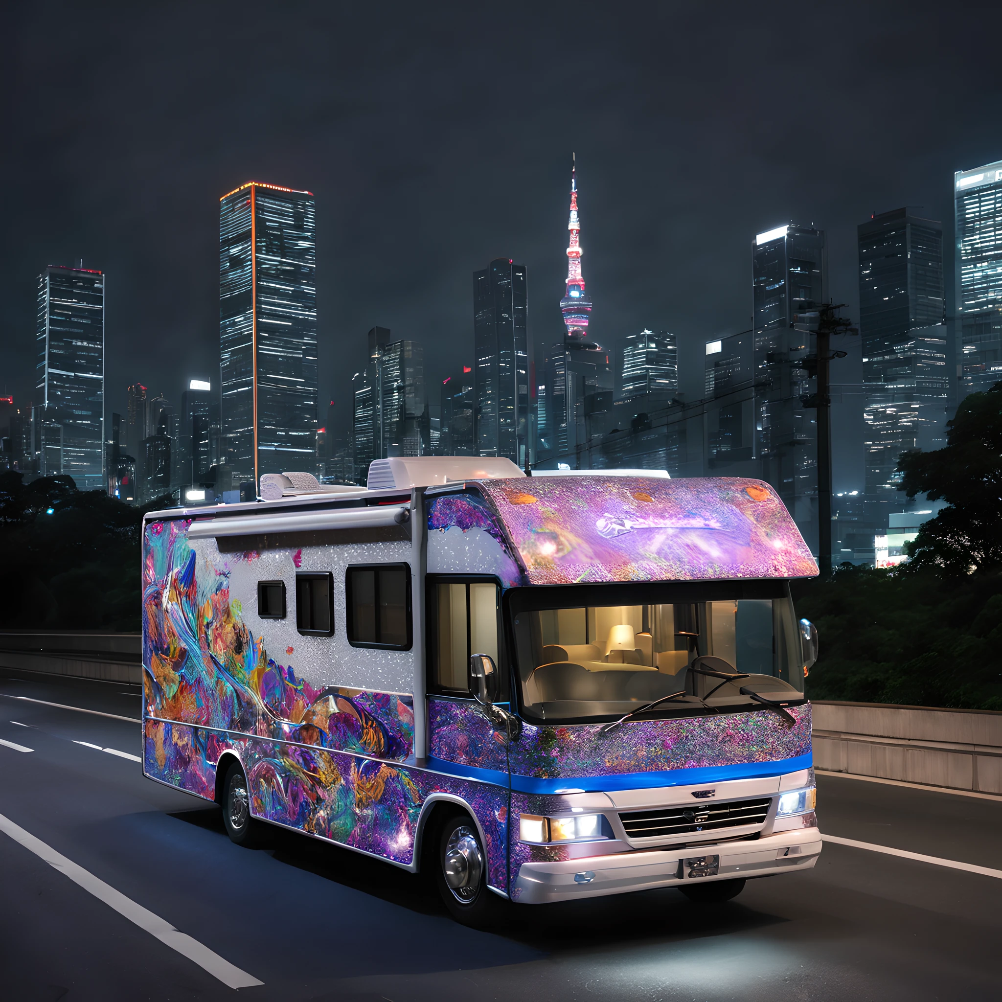 composition: "With the night view of the Metropolitan Expressway in the background、Depict a flamboyantly decorated motor home driving down a highway。Metropolitan highway lights and skyscraper lights illuminate the road、Build a composition that highlights the presence of motor home。"

人物: "From inside Motor Home、You will see the driver and passengers。They enjoy the highway and、I have a look of excitement and joy on my face.。"

Background with: "The night view of Tokyo spreads out behind the scene、The Metropolitan Expressway shines with lights。The exterior of Motor Home is inspired by Dekotra.、Flashy and brightly decorated。By this、Motor Home's presence on the highway is further enhanced。"