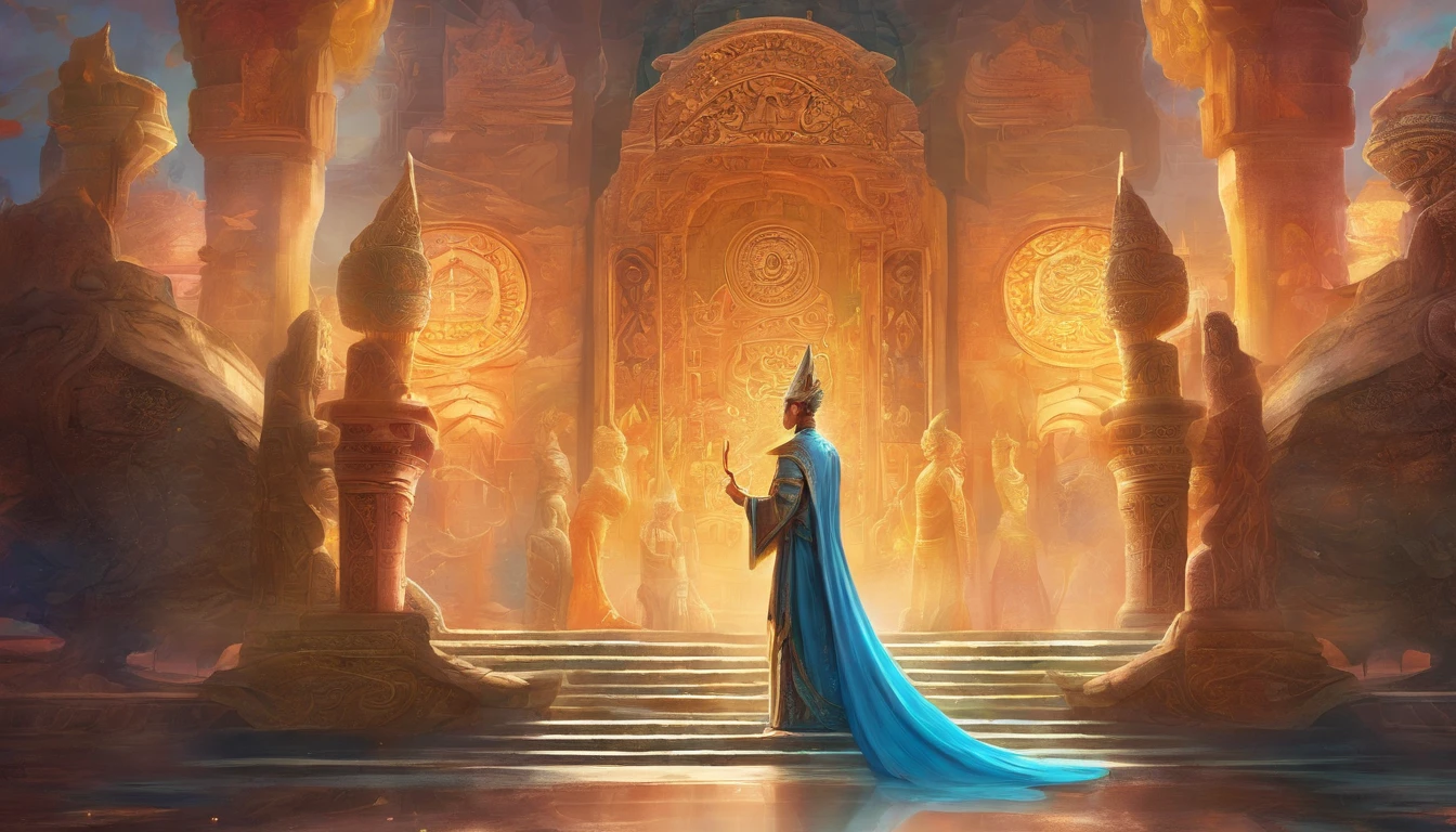 Illustrate a wise-looking minister from ancient times, symbolizing old age, capturing a vibrant young king, representing the prime of life. The scene is set outside an ancient palace with intricate carvings and Buddha symbols.