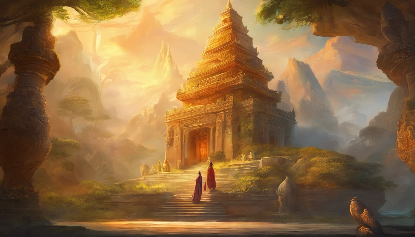 Illustrate a wise-looking minister from ancient times, symbolizing old age, capturing a vibrant young king, representing the prime of life. The scene is set outside an ancient palace with intricate carvings and Buddha symbols.