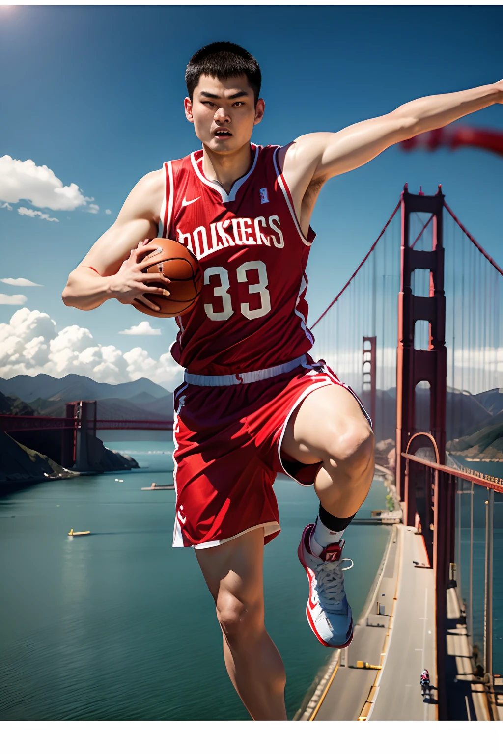 Yao Ming plays basketball on the Golden Gate Bridge,The picture style is magnificent,There is an American flag on the screen