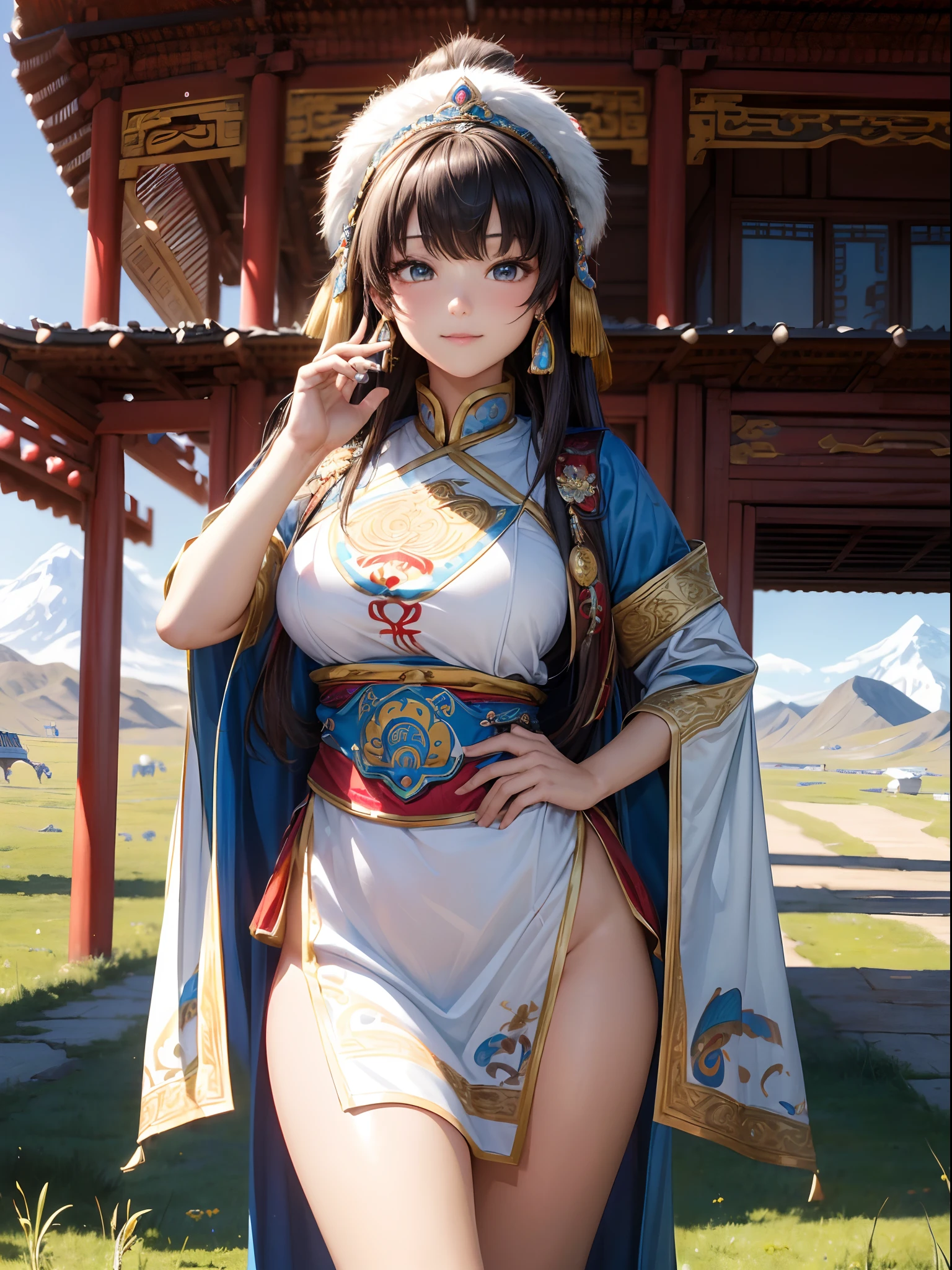 absurderes,(masterpiece、top-quality、8K ),intricate detailes,ultra-detailliert、1 Mongolian Beautiful Girl、(独奏)、(close range)、A slight smil、(Mongolian national costume:1.4),(Large grasslands,:1.4),equine、pecora、Mongol Empire、Hyper realistic,(Perfect Anatomy:1.3)