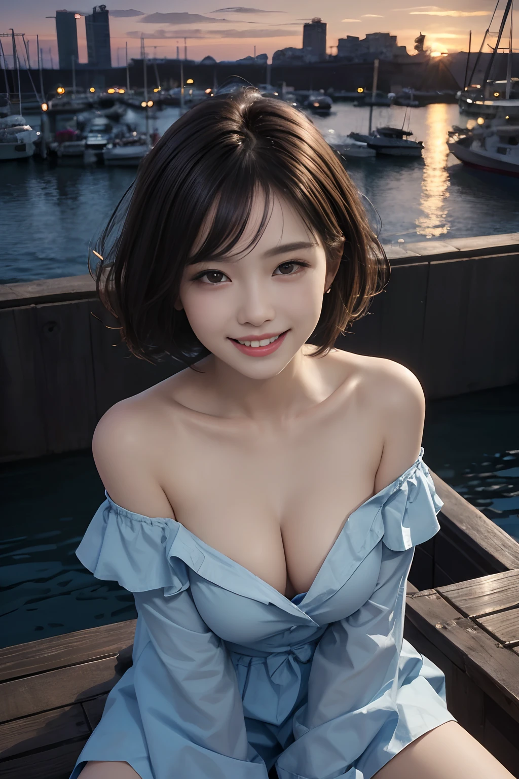 Pubic hair grows、Smile full of happiness、((Looks happy:1.3))、、Panting face、Lacking、Expression in a state of excitement、short-hair、eye glass、((:1.3))、((:1.3))、1girl in, Extremely cute face, (Hyper-realistic, hight resolution), (Best Quality:1.4), Raw photo, (Realistic, Photorealsitic:1.37), Professional Photography, Cinematic Light, (Highly detailed eyes, Highly detailed face), (Race Off-Shoulder:1.2), (Beautiful breasts), (:1.3), Pubic hair, Upper body, Smile slightly, Sitting, spread your legs wide, Staring at me, Harbor view, Old Port Town, ((Harbor scenery with beautiful sunset)), (View from below),